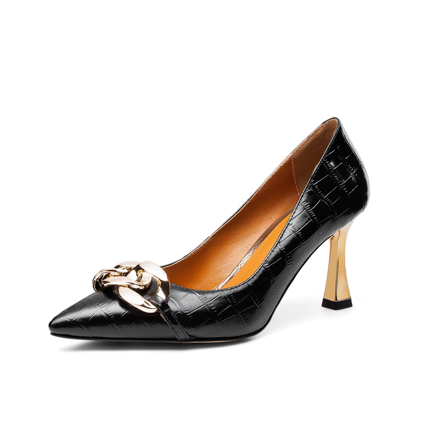 Nine Seven Women's Genuine Leather Handmade Pointed Toe Sexy Mental High Kitten Heel Slip On Loafer Pumps with Mental Pattern Decor