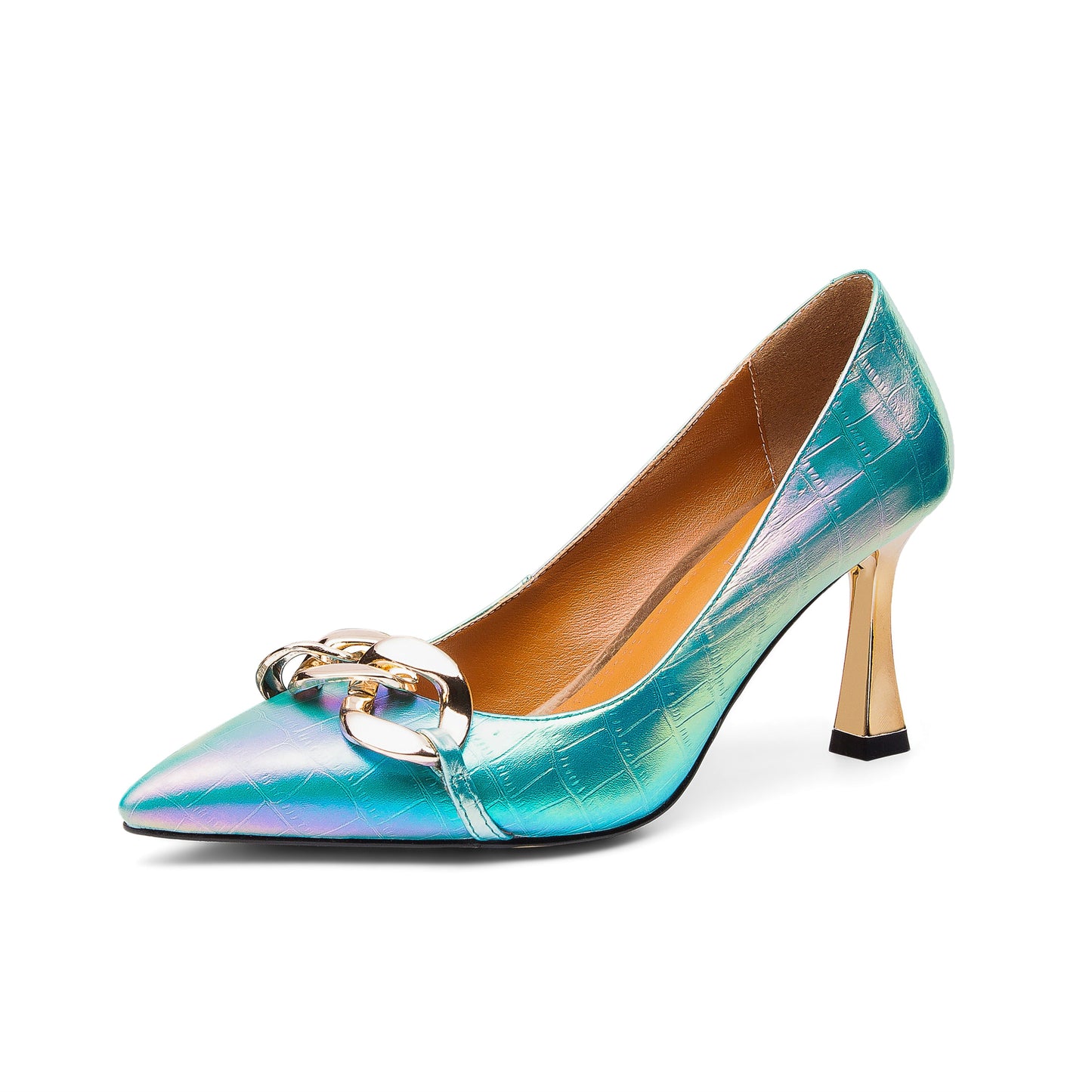 Nine Seven Women's Genuine Leather Handmade Pointed Toe Sexy Mental High Kitten Heel Slip On Loafer Pumps with Mental Pattern Decor