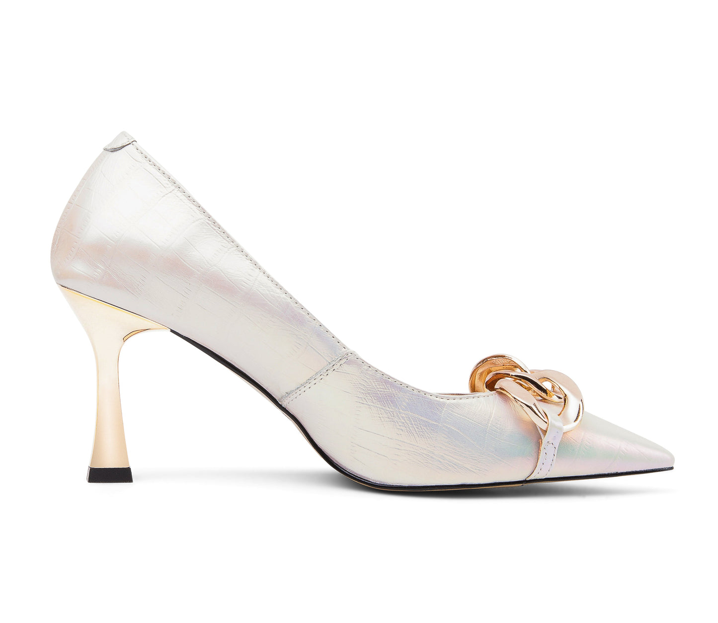 Nine Seven Women's Genuine Leather Handmade Pointed Toe Sexy Mental High Kitten Heel Slip On Loafer Pumps with Mental Pattern Decor