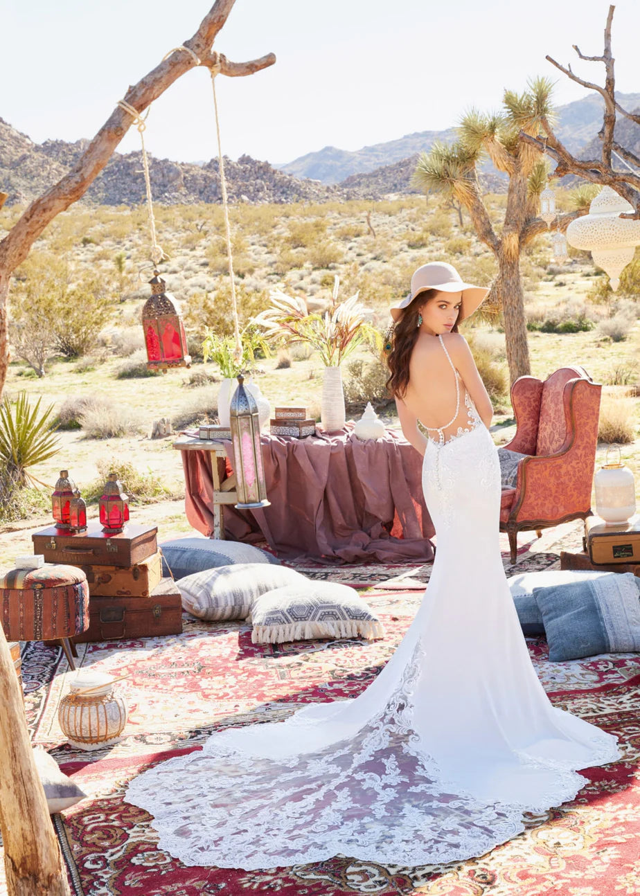 Nine Seven Plunging V-Neckline Low and Open Scoop Back Bohemian Bridal Grown Wedding Dress Customization