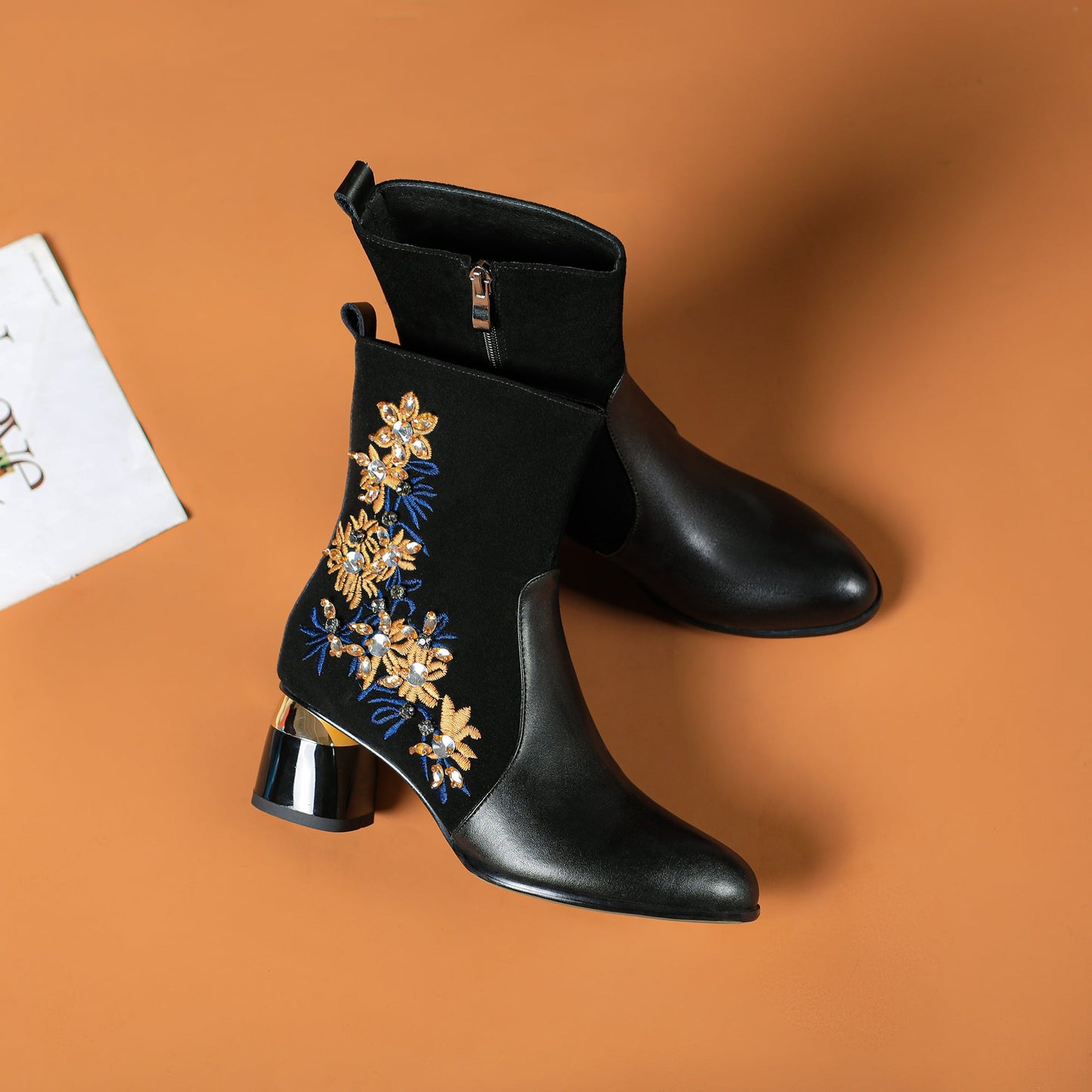 Nine Seven Handmade Women's Suede Leather Stitching Ethnic Embroidered Floral Round Toe Mid Chunky Heel Side Zipper Ankle Boots