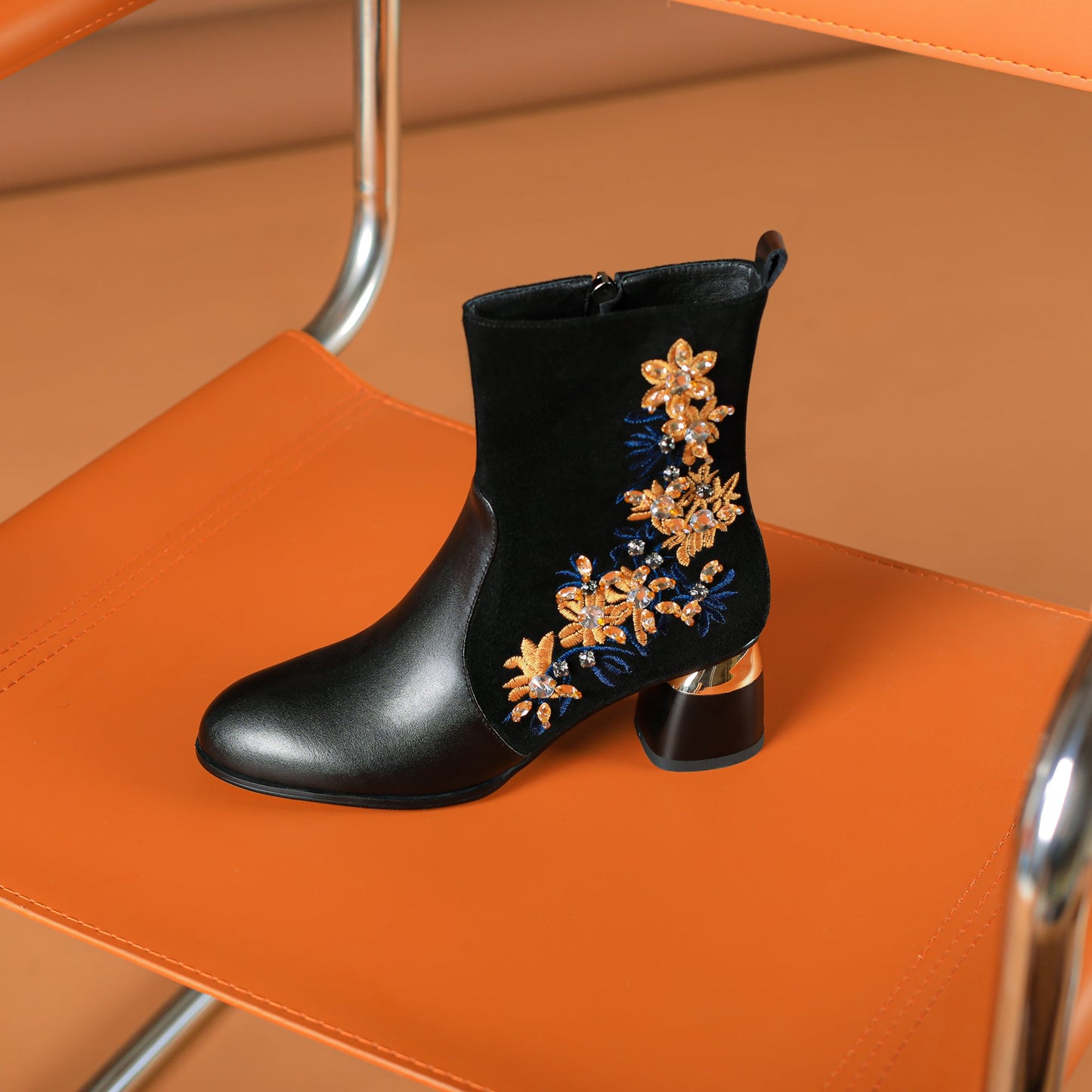 Nine Seven Handmade Women's Suede Leather Stitching Ethnic Embroidered Floral Round Toe Mid Chunky Heel Side Zipper Ankle Boots