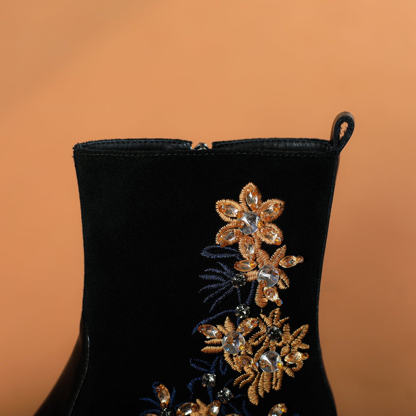 Nine Seven Handmade Women's Suede Leather Stitching Ethnic Embroidered Floral Round Toe Mid Chunky Heel Side Zipper Ankle Boots