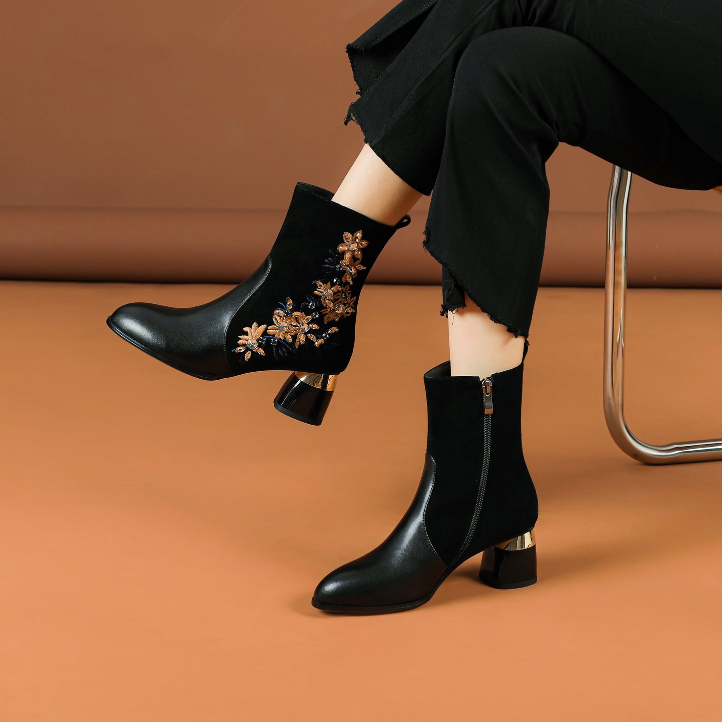 Nine Seven Handmade Women's Suede Leather Stitching Ethnic Embroidered Floral Round Toe Mid Chunky Heel Side Zipper Ankle Boots