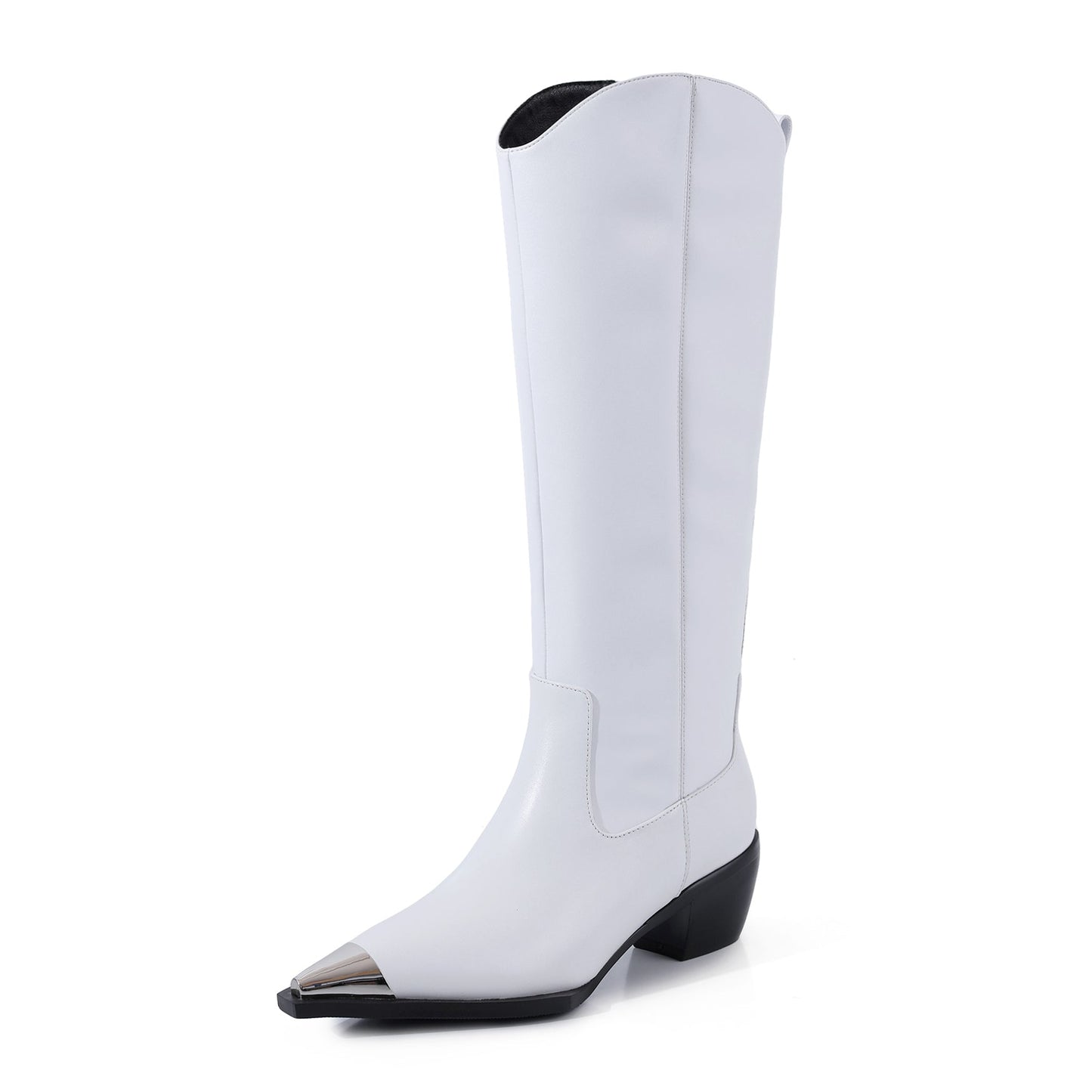 Nine Seven Women's Handmade Genuine Leather Classic Pointed Toe Mid Block Heel Slip Up Weatern Style Knee High Boots