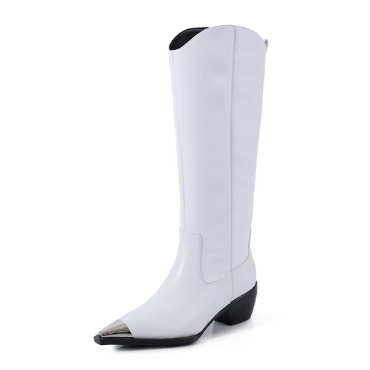 Nine Seven Women's Handmade Genuine Leather Classic Pointed Toe Mid Block Heel Slip Up Weatern Style Knee High Boots