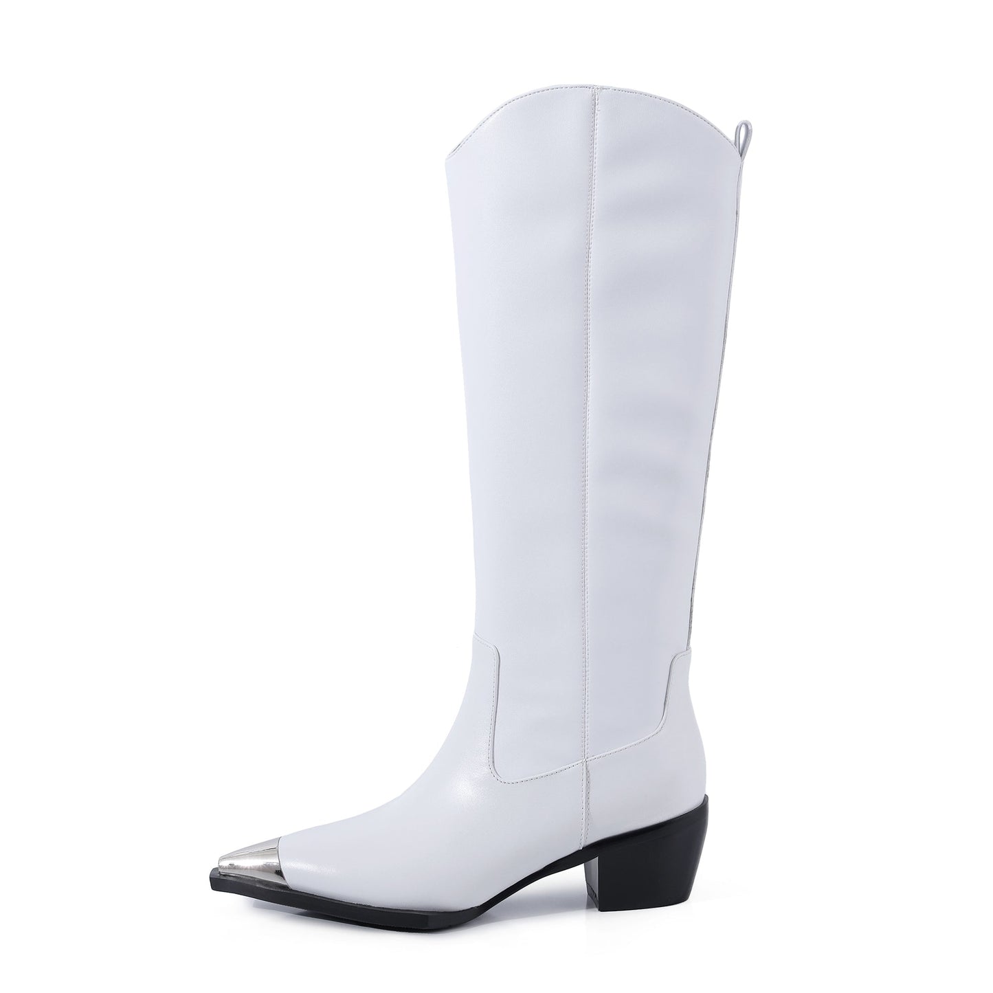 Nine Seven Women's Handmade Genuine Leather Classic Pointed Toe Mid Block Heel Slip Up Weatern Style Knee High Boots