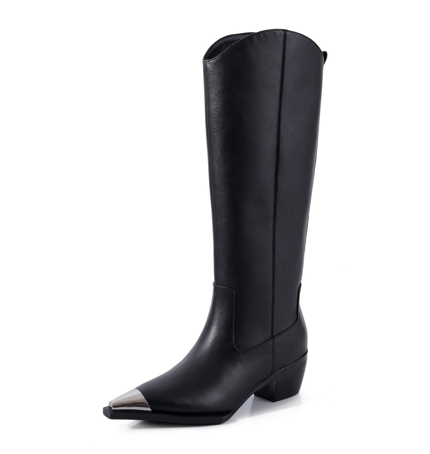 Nine Seven Women's Handmade Genuine Leather Classic Pointed Toe Mid Block Heel Slip Up Weatern Style Knee High Boots