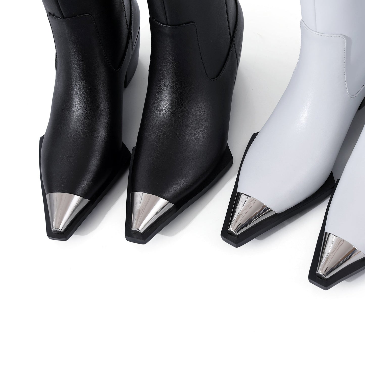 Nine Seven Women's Handmade Genuine Leather Classic Pointed Toe Mid Block Heel Slip Up Weatern Style Knee High Boots