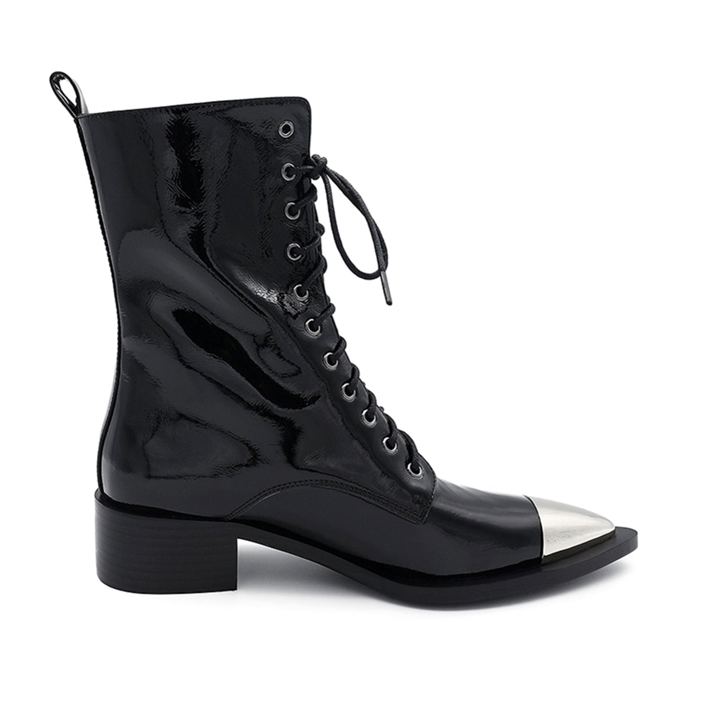 Nine Seven Women's Patent Leather Low Chunky Heel Lace Up Handmade Cap Toe Mid Calf Boots