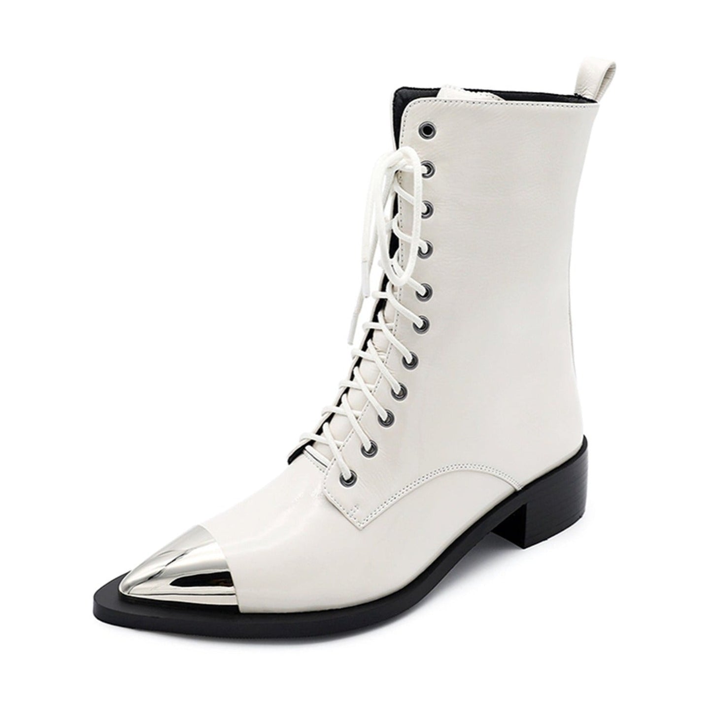 Nine Seven Women's Patent Leather Low Chunky Heel Lace Up Handmade Cap Toe Mid Calf Boots