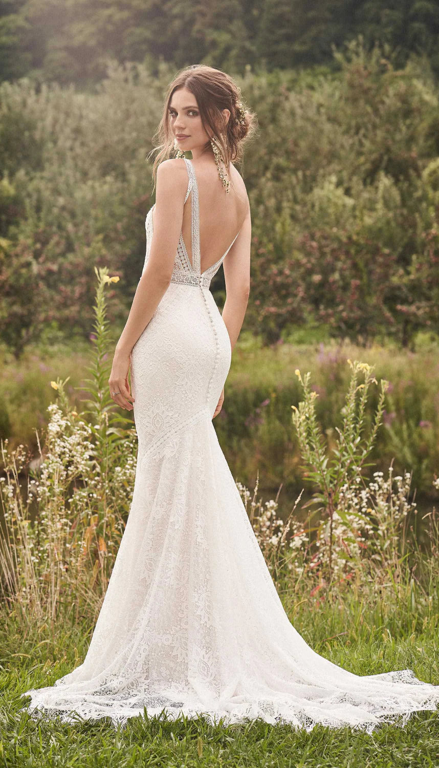 Nine Seven V-Neckline Lace Appique Straps Low V-Back Bohemian Bridal Wedding Dress Customization