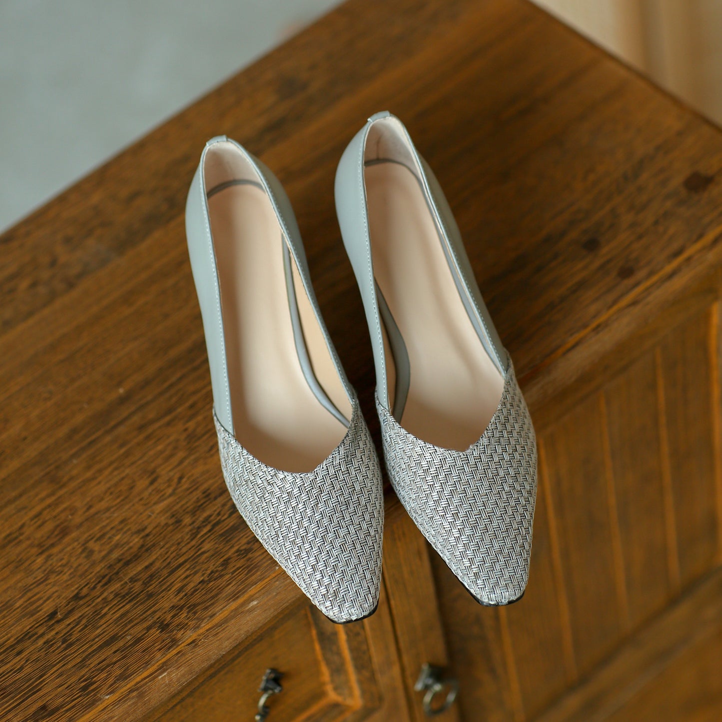 Nine Seven Women's Genuine Leather Fabric Handmade Little Square Toe High Heel Slip On Graceful Pump Shoes