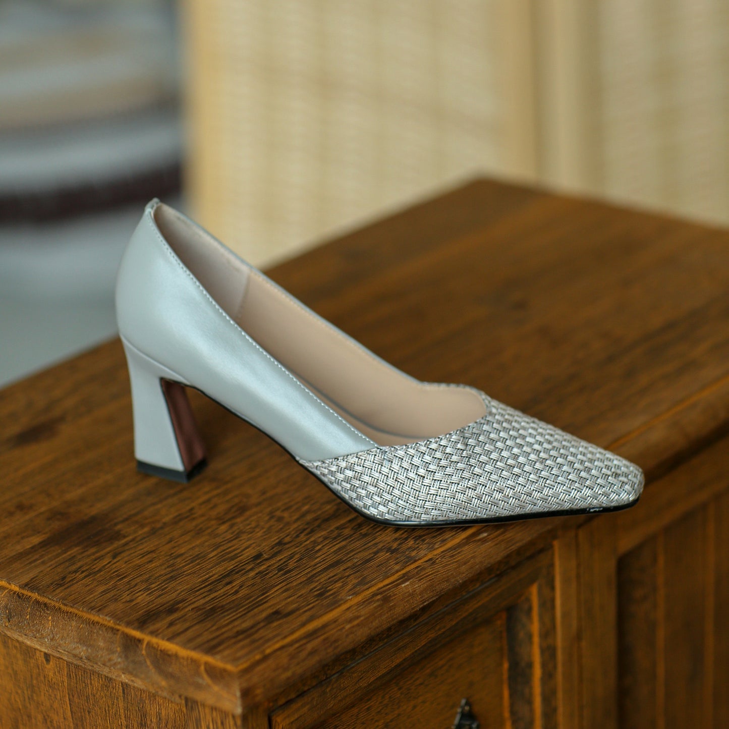 Nine Seven Women's Genuine Leather Fabric Handmade Little Square Toe High Heel Slip On Graceful Pump Shoes