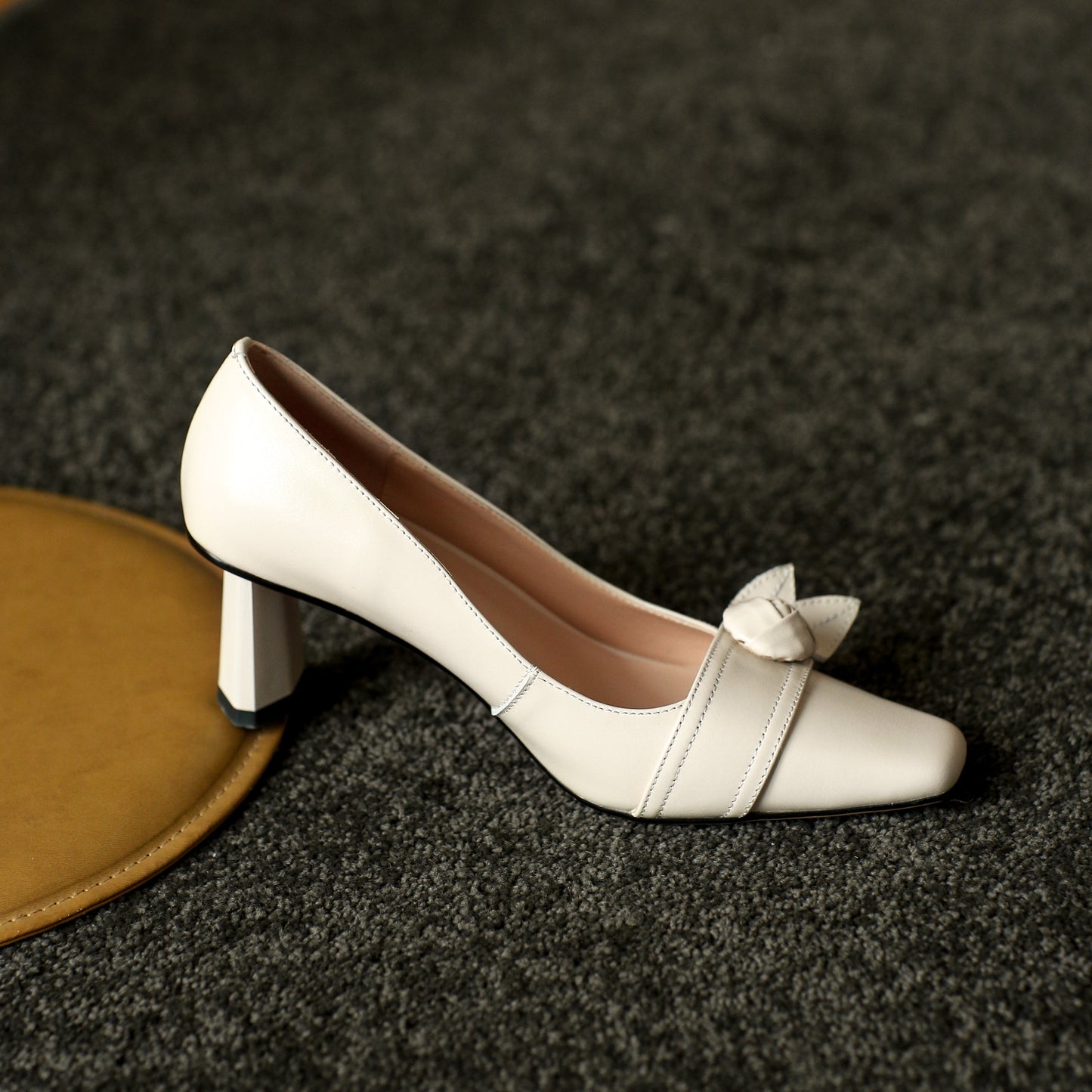 Nine Seven Women's Handmade Genuine Leather Square Toe Mid Chunky Heel Slip On Elegant Pump Shoes with Floral Pattern