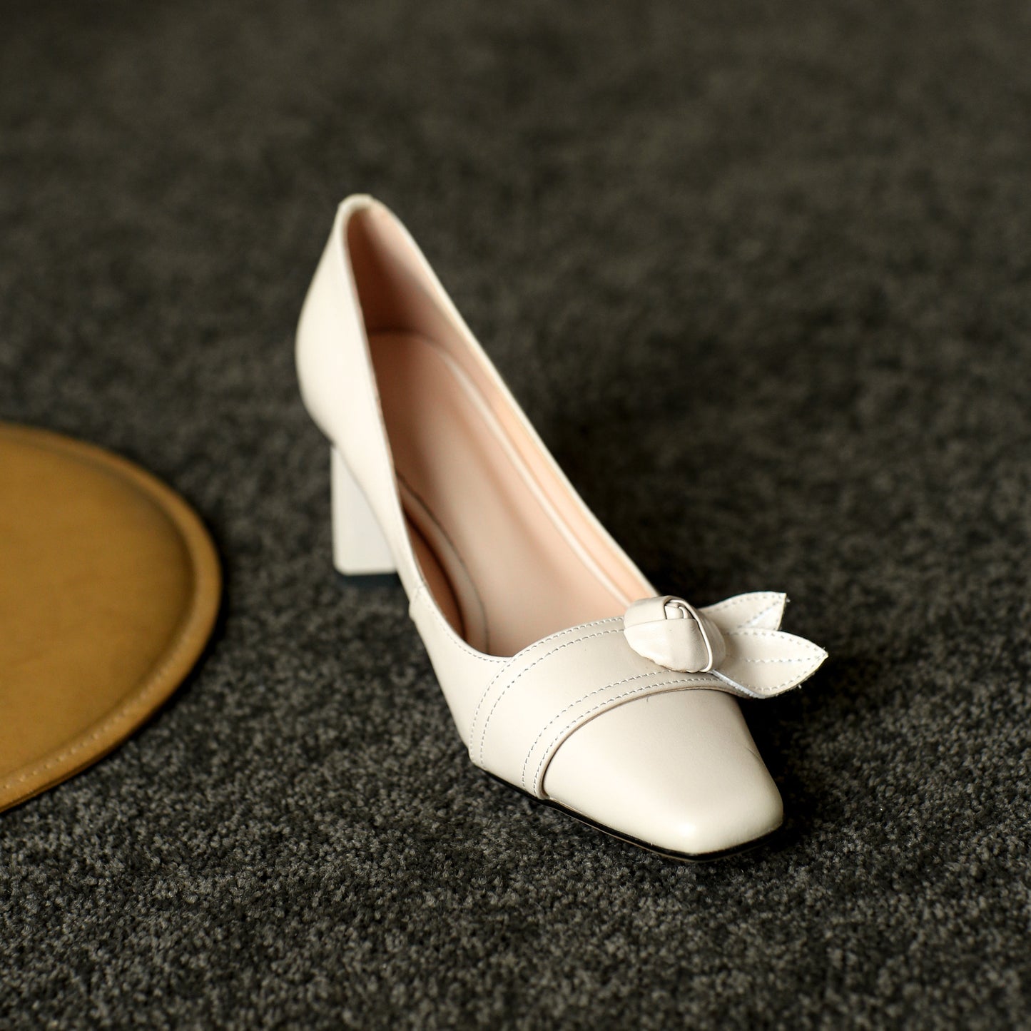 Nine Seven Women's Handmade Genuine Leather Square Toe Mid Chunky Heel Slip On Elegant Pump Shoes with Floral Pattern