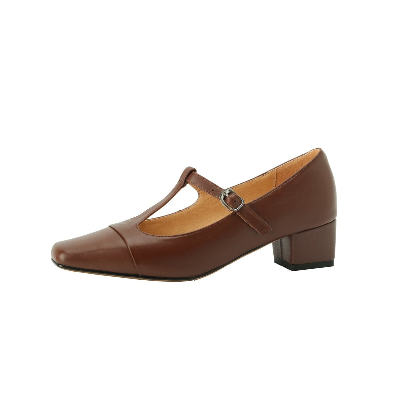 Nine Seven Women's Square Toe Handmade T-Strap Genuine Leather Low Chunky Heel Vintage Pumps Shoes