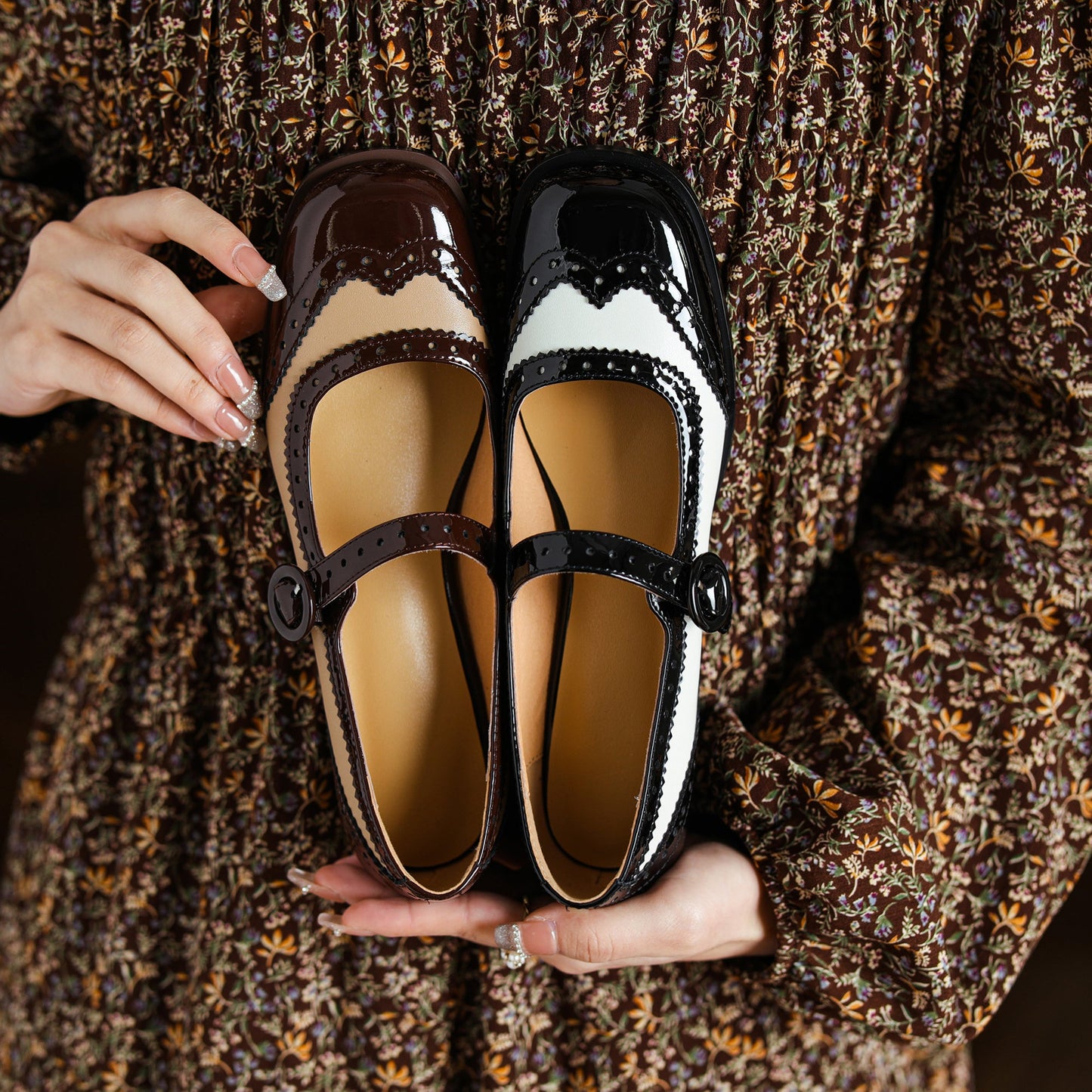 Nine Seven Women's Patent Leather Handmade Lace Buckle Round Toe Low Block Heel Mary Jane Flats Shoes