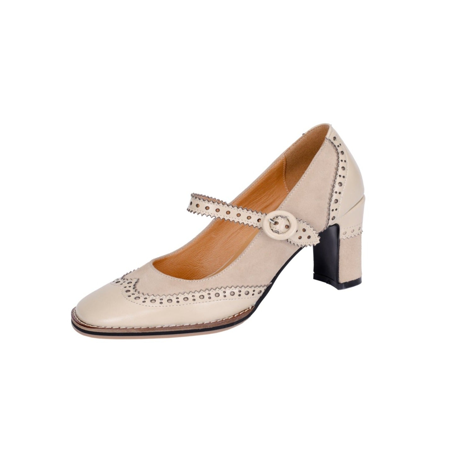 Nine Seven Women's Genuine Leather Handmade Lace Buckle Slip On Square Toe High Block Heel Mary Jane Pumps Shoes