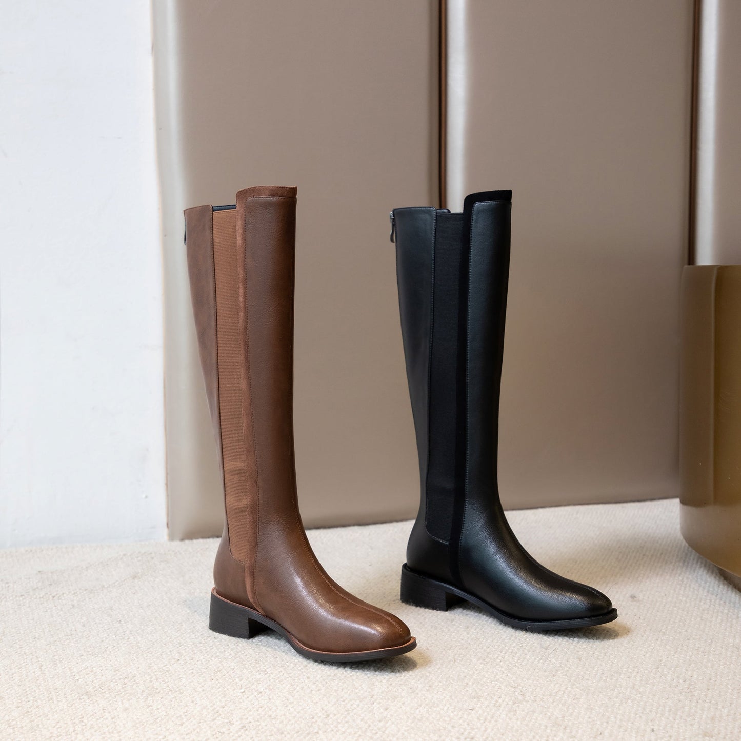 Nine Seven Women's Handmade Genuine Leather Round Toe Comfortable Low Chunky Heel Back Zip Up Knee High Riding Boots