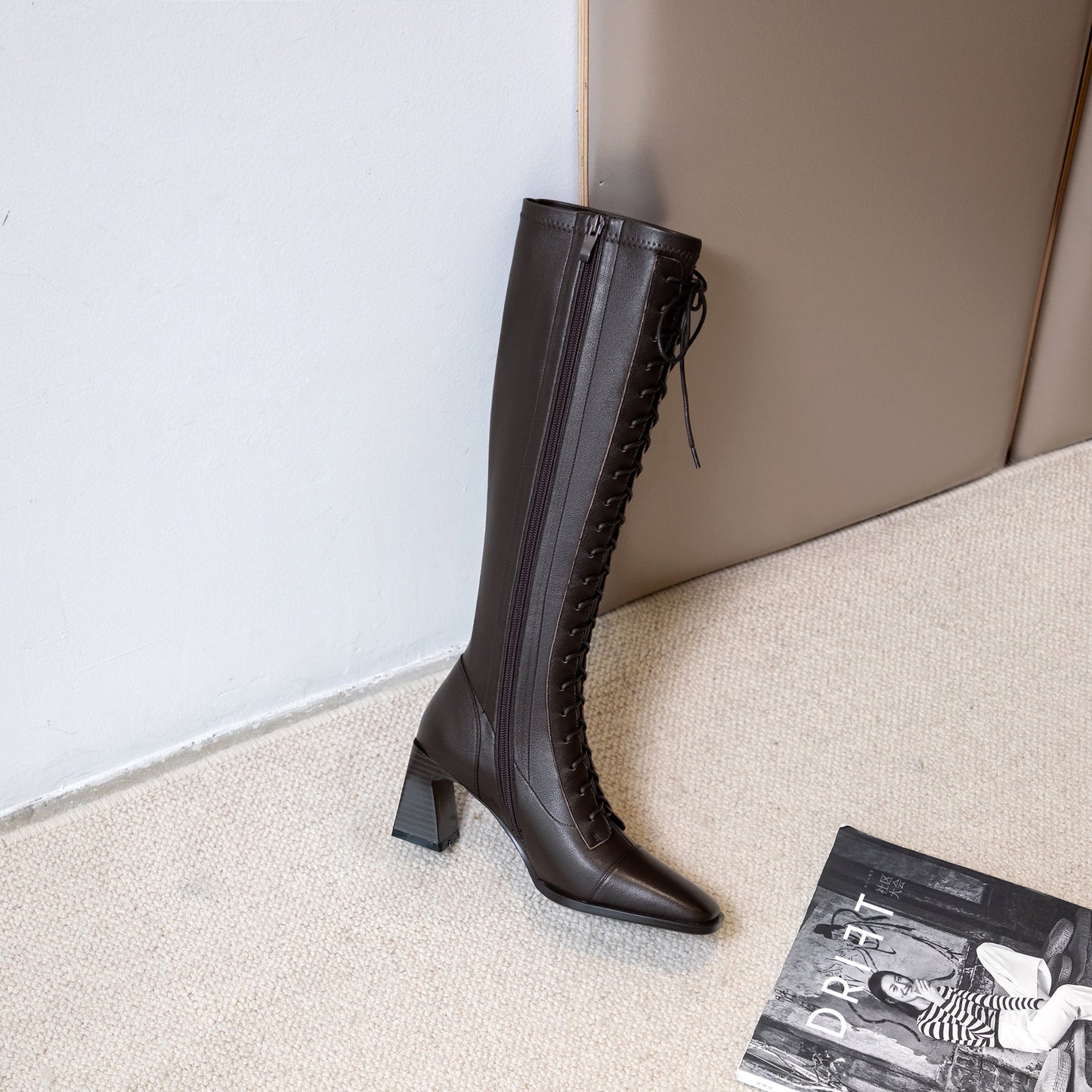 Nine Seven Women's Handmade Genuine Leather Square Toe Mid Spool Heel Side Zip Up Knee High Boots with Cool Adjustable Band