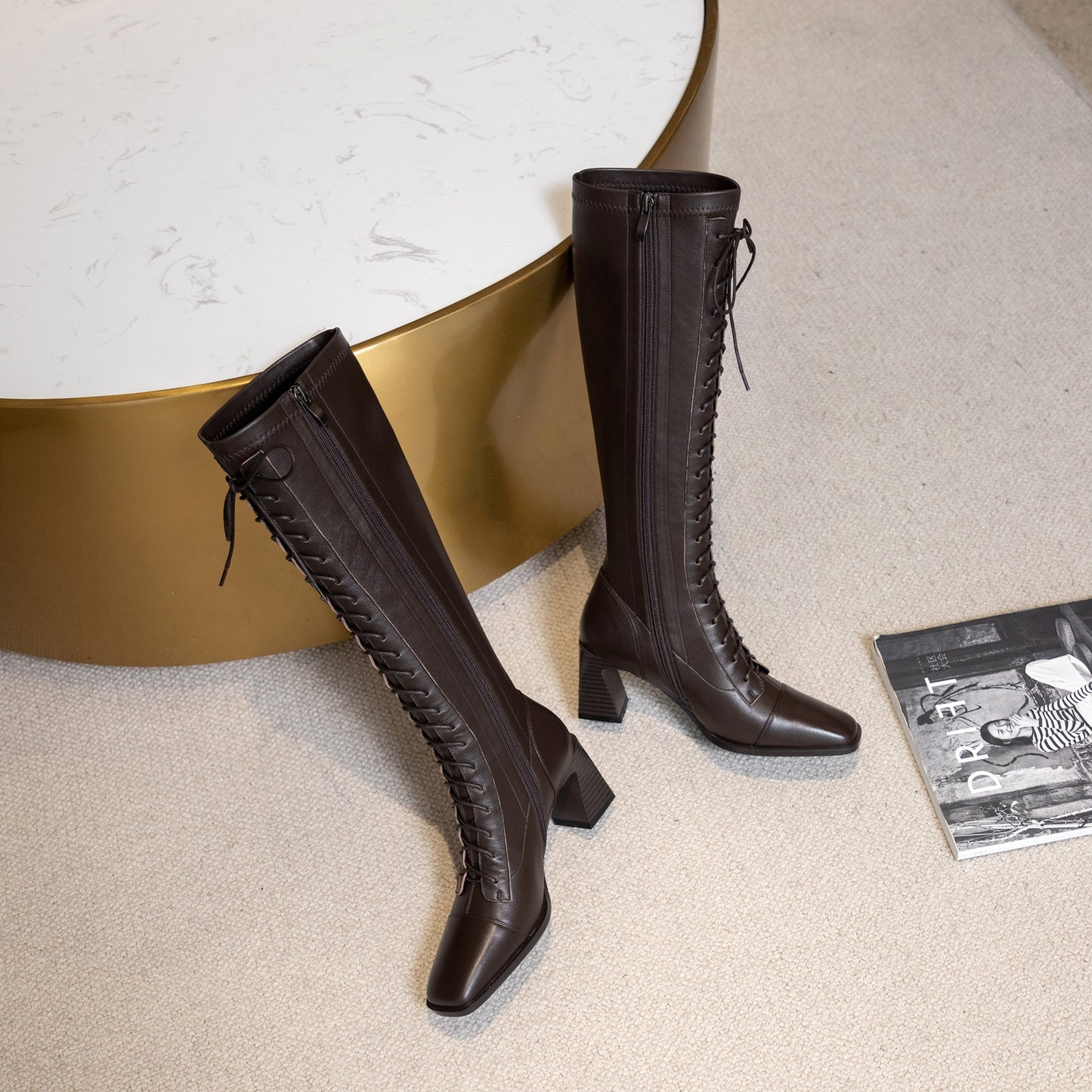 Nine Seven Women's Handmade Genuine Leather Square Toe Mid Spool Heel Side Zip Up Knee High Boots with Cool Adjustable Band