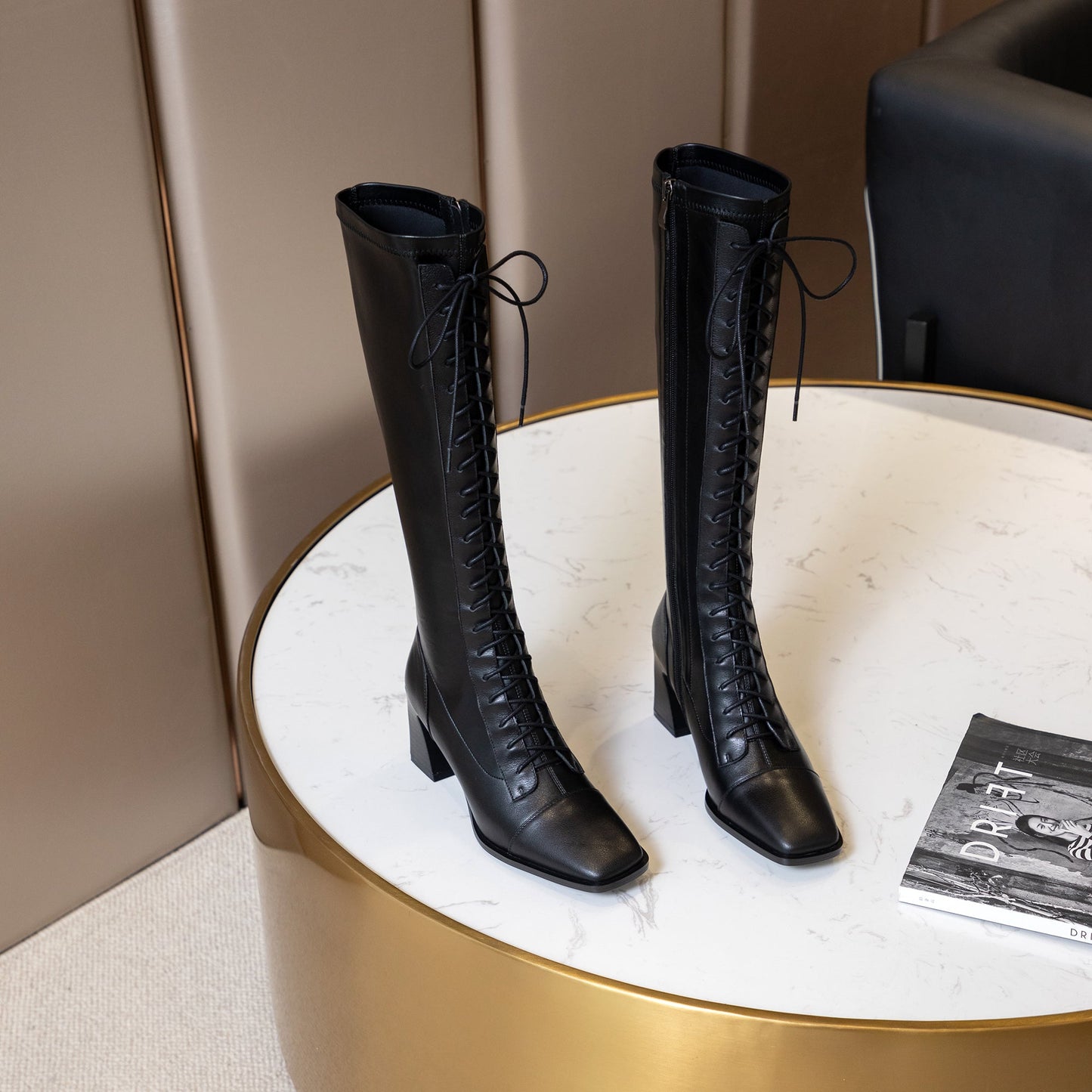 Nine Seven Women's Handmade Genuine Leather Square Toe Mid Spool Heel Side Zip Up Knee High Boots with Cool Adjustable Band