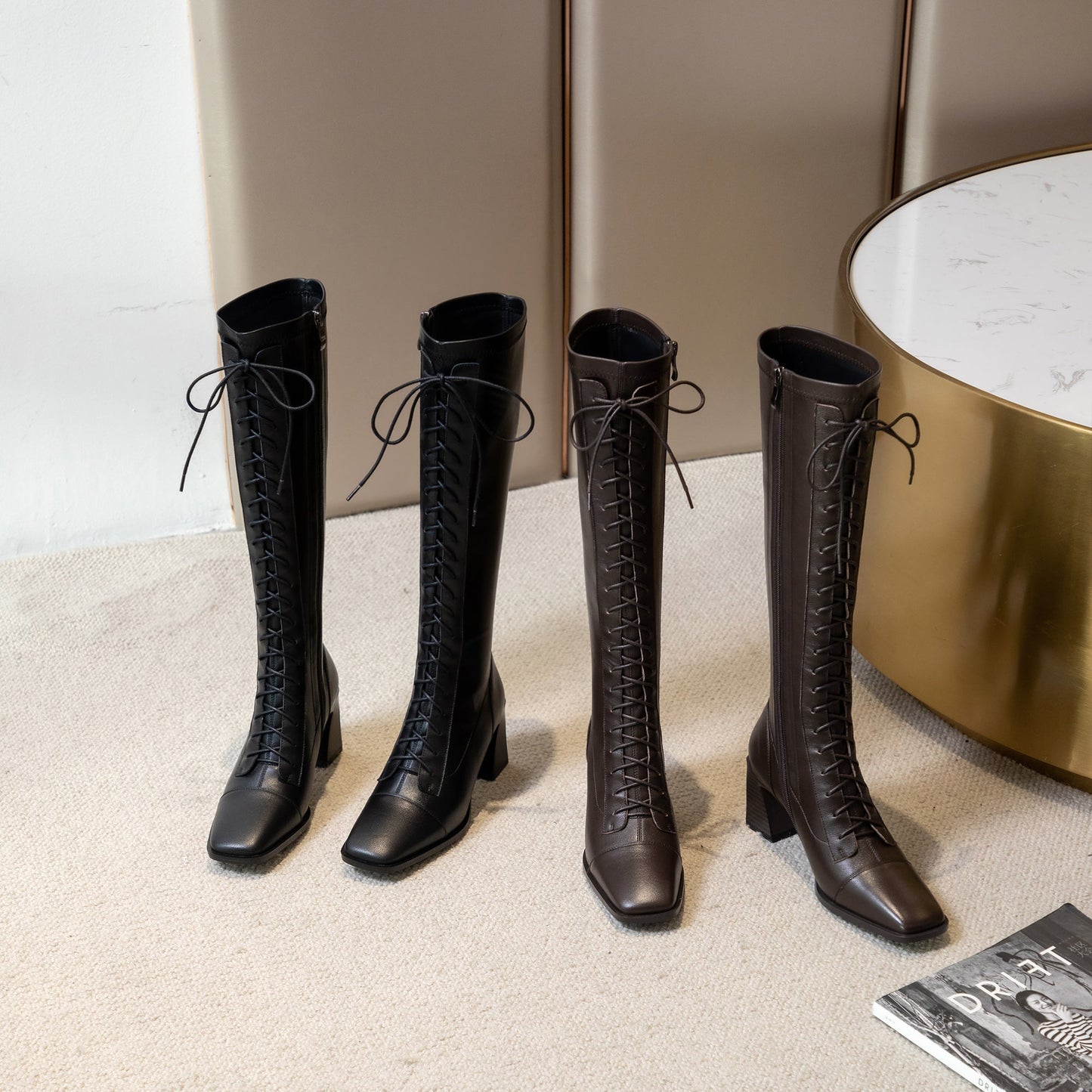 Nine Seven Women's Handmade Genuine Leather Square Toe Mid Spool Heel Side Zip Up Knee High Boots with Cool Adjustable Band