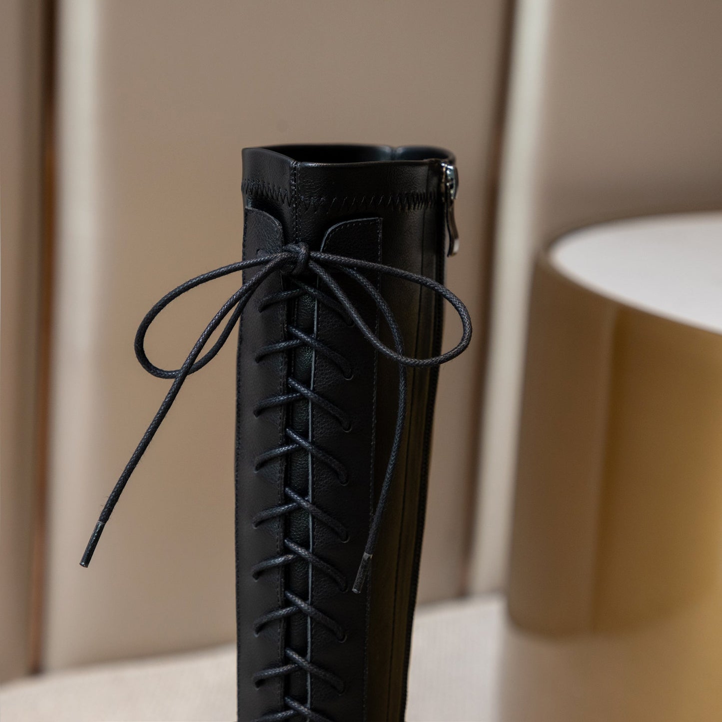 Nine Seven Women's Handmade Genuine Leather Square Toe Mid Spool Heel Side Zip Up Knee High Boots with Cool Adjustable Band