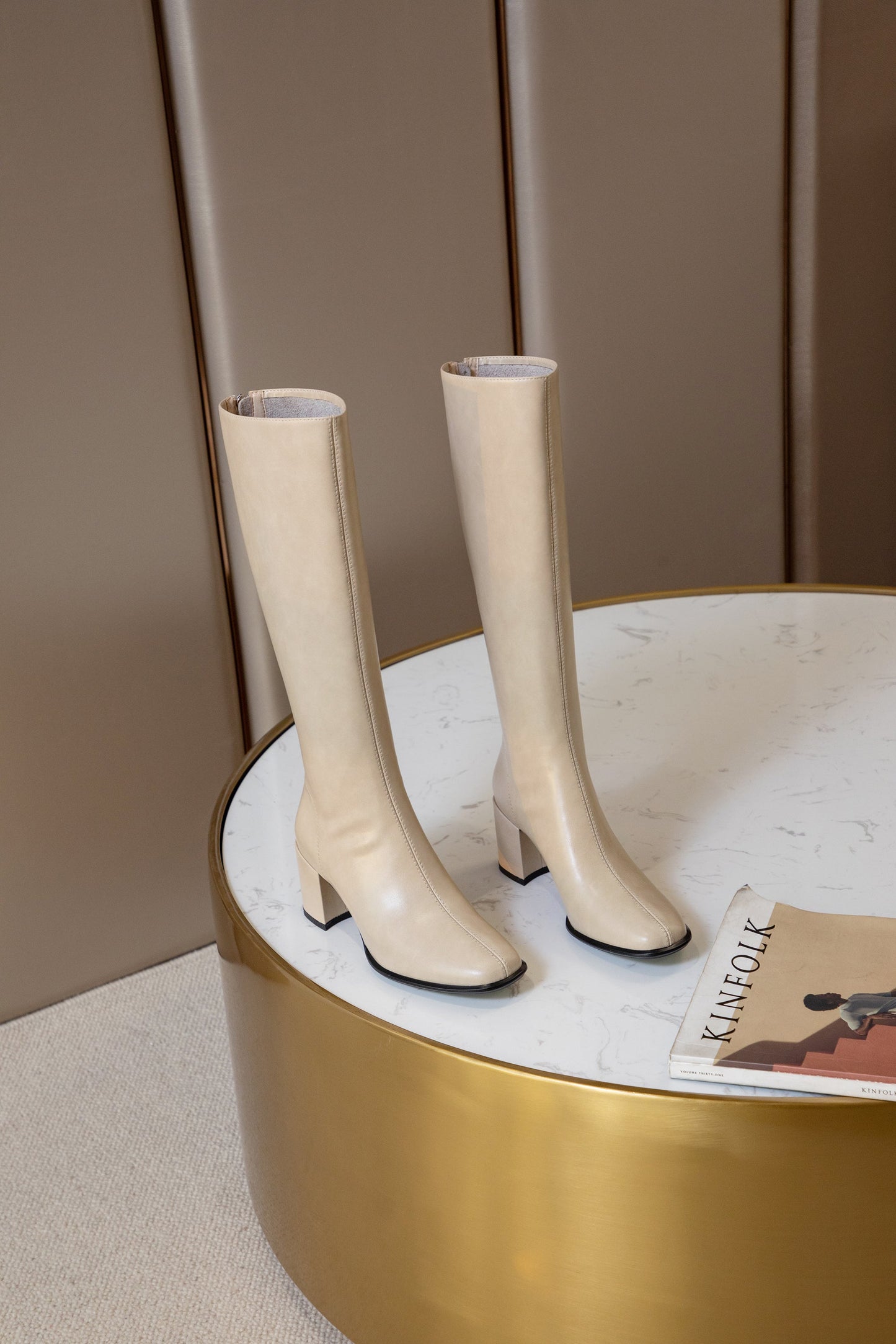 Nine Seven Women's Genuine Leather Handmade Square Toe Mid Chunky Heel Knee High Boots with Back Zipper