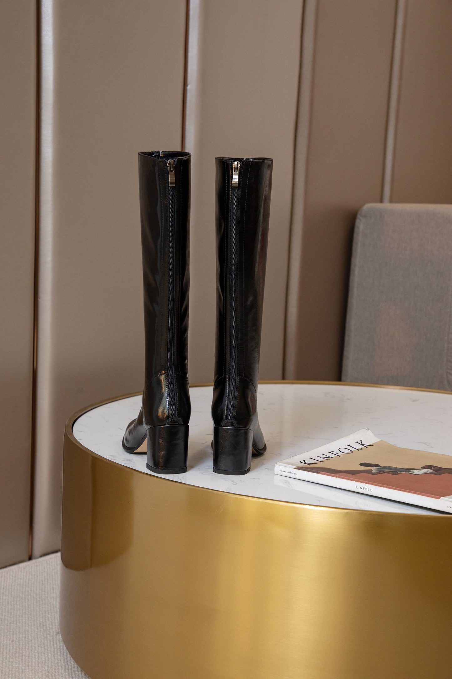 Nine Seven Women's Genuine Leather Handmade Square Toe Mid Chunky Heel Knee High Boots with Back Zipper