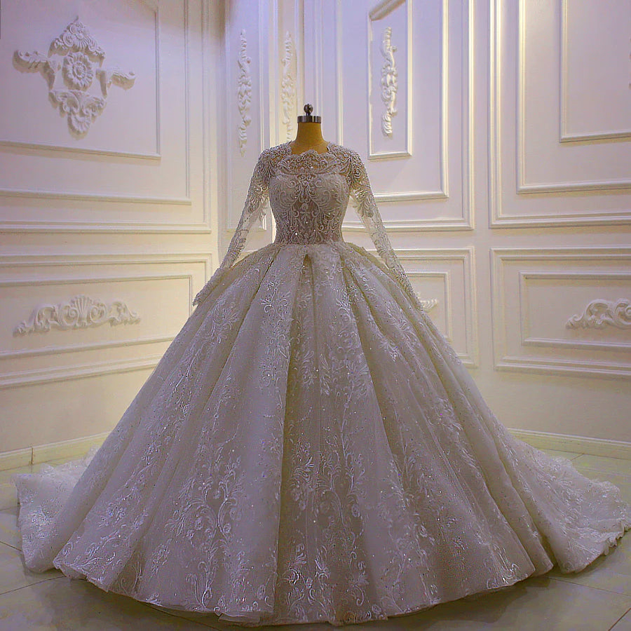 Nine Seven Full Sleeve Lace Appliqued Court Wedding Dress Customization