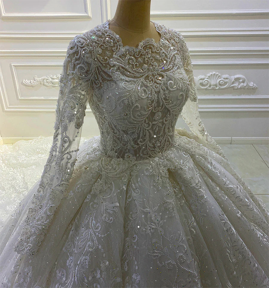 Nine Seven Full Sleeve Lace Appliqued Court Wedding Dress Customization