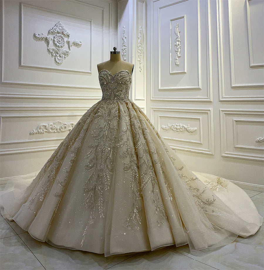 Nine Seven Lace Appliqued Strapless Court Train Ball Grown Sleeveless Wedding Dress Customization