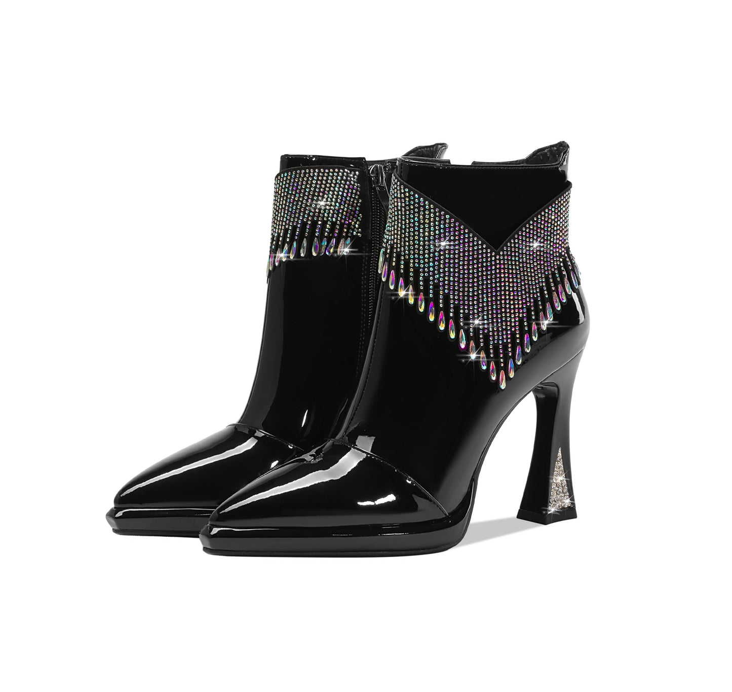 Nine Seven Women's Pointed Toe Patent Leather Handmade Rhinestones Decor Zip Up High Heels Ankle Boots