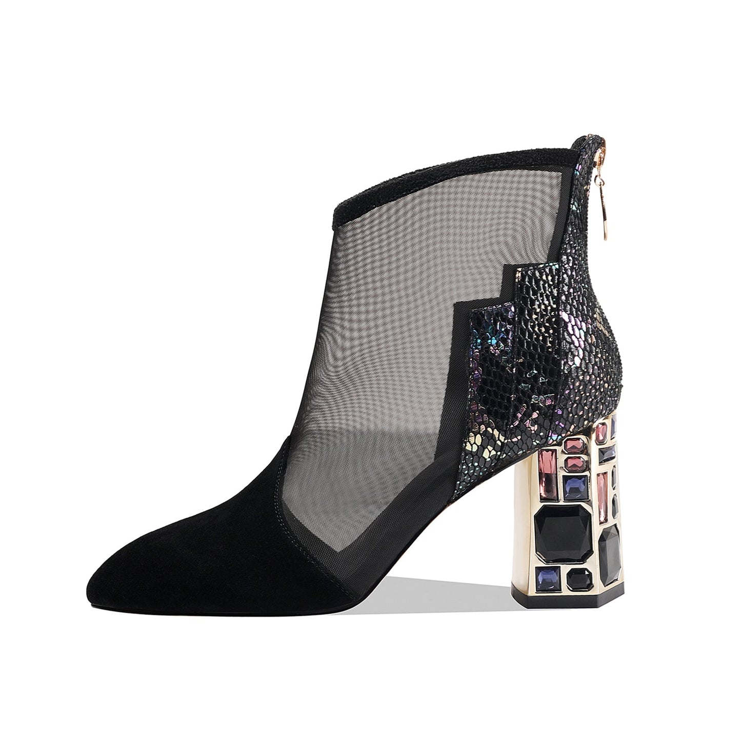 Nine Seven Women's Genuine/Suede Leather with Mesh Handmade Back Zipper High Chunky Heels Summer Boots with Jewelry