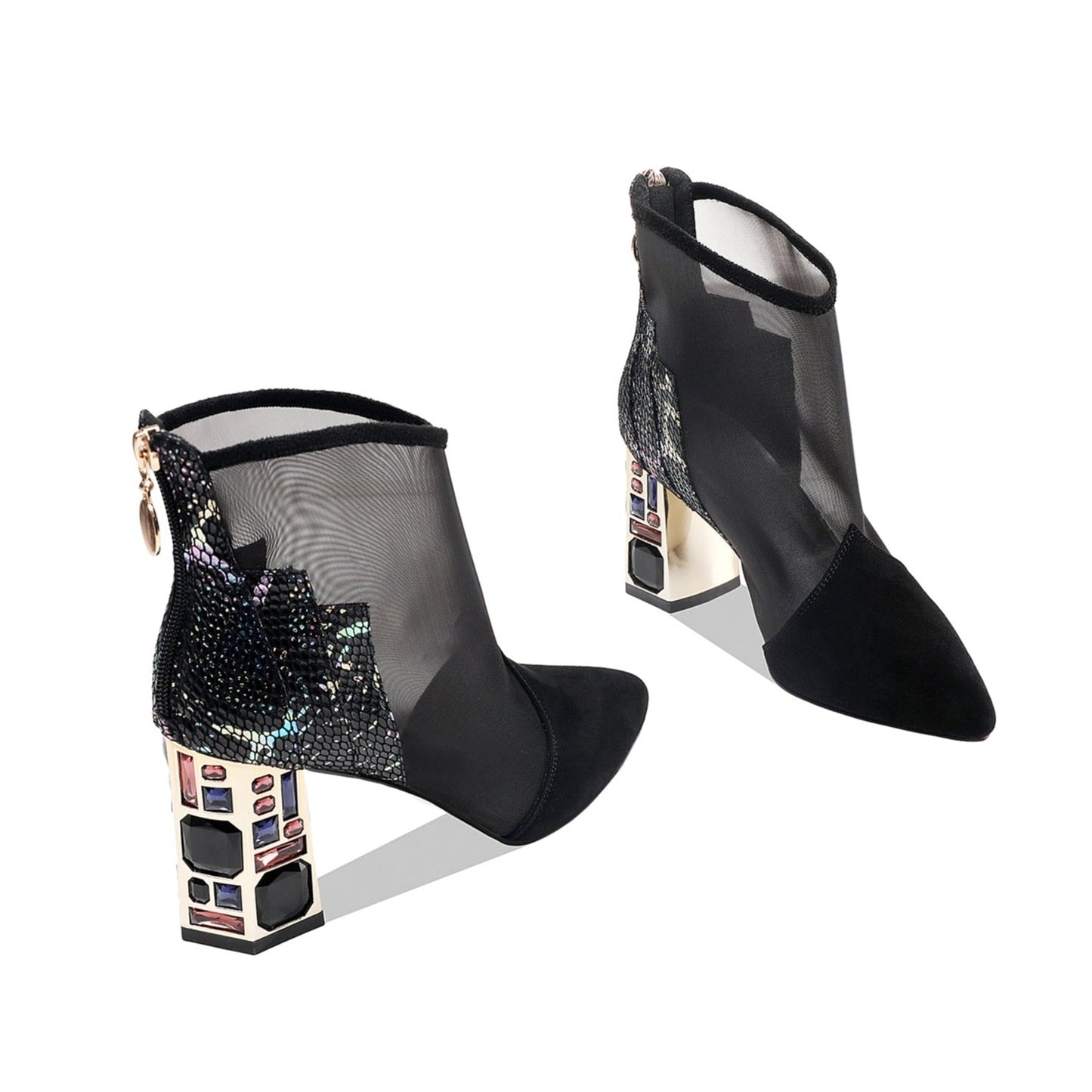 Nine Seven Women's Genuine/Suede Leather with Mesh Handmade Back Zipper High Chunky Heels Summer Boots with Jewelry