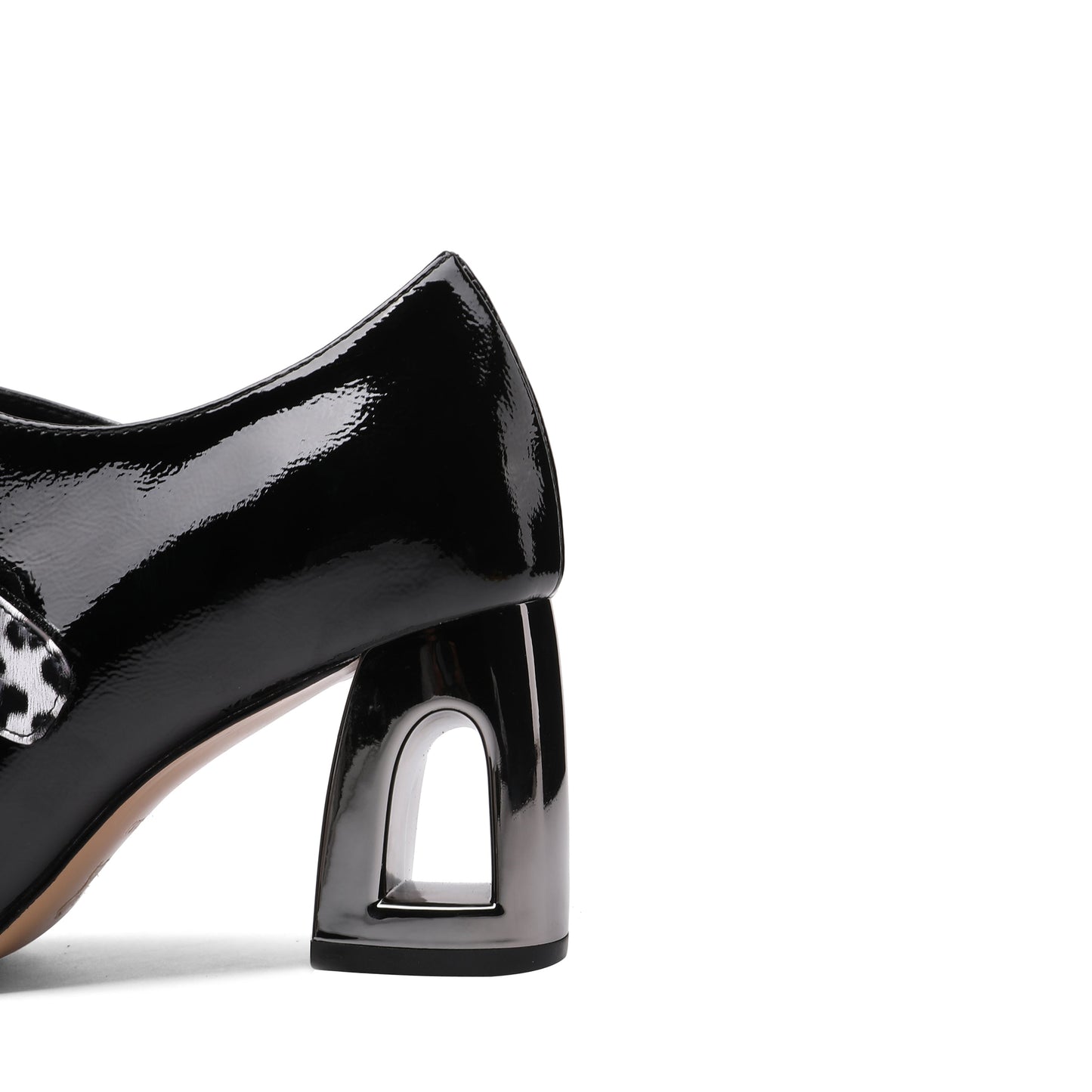 Nine Seven Women's Handmade Patent Leather Pointed Toe Mid Chunky Heel V-Shaped Side Zip Up Pumps with Modern Buckle Decor