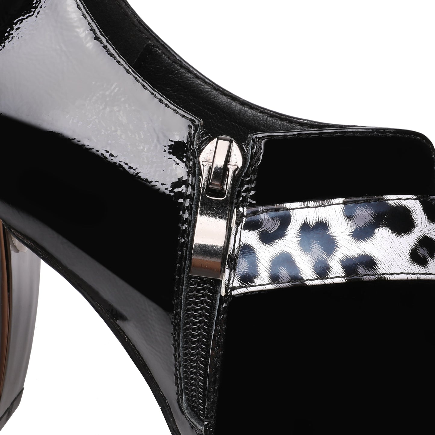 Nine Seven Women's Handmade Patent Leather Pointed Toe Mid Chunky Heel V-Shaped Side Zip Up Pumps with Modern Buckle Decor