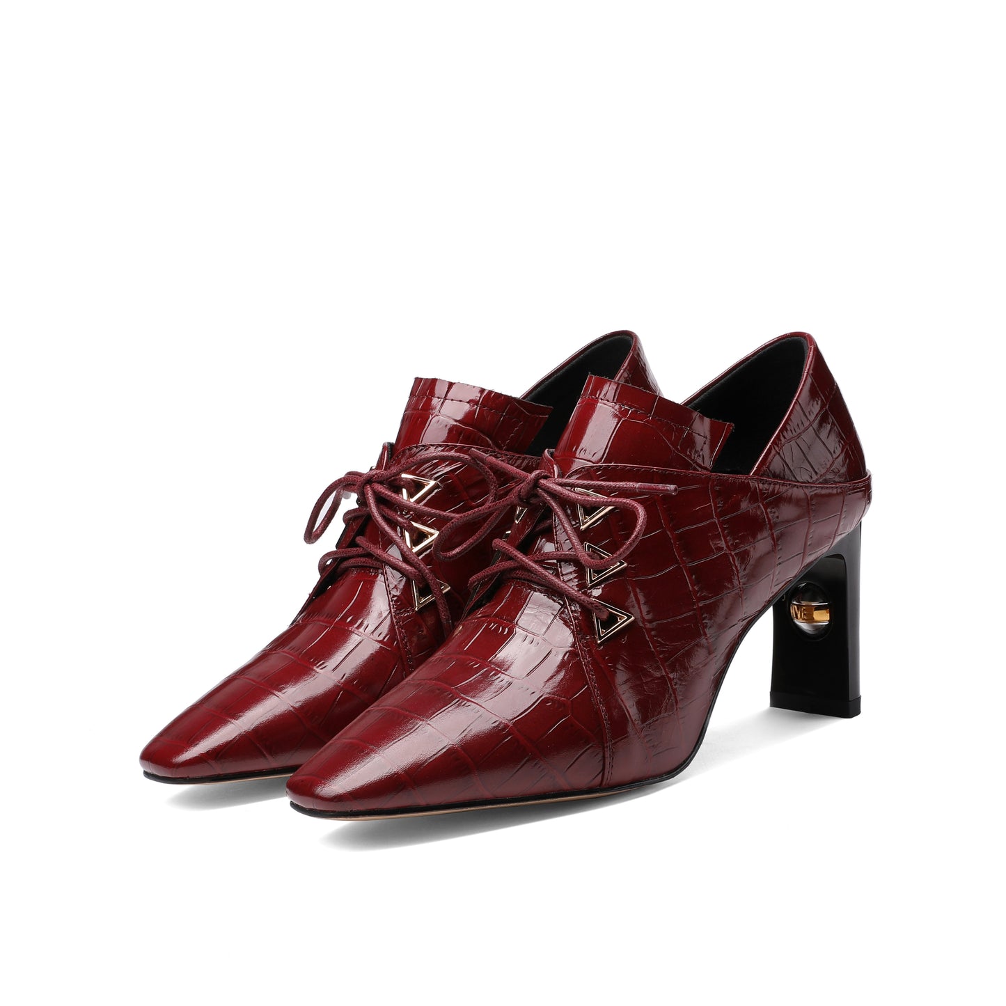 Nine Seven Women's Handmade Embossed Genuine Leather Square Toe Exquisite High Heel Lace Up Plus-Size Pump Shoes