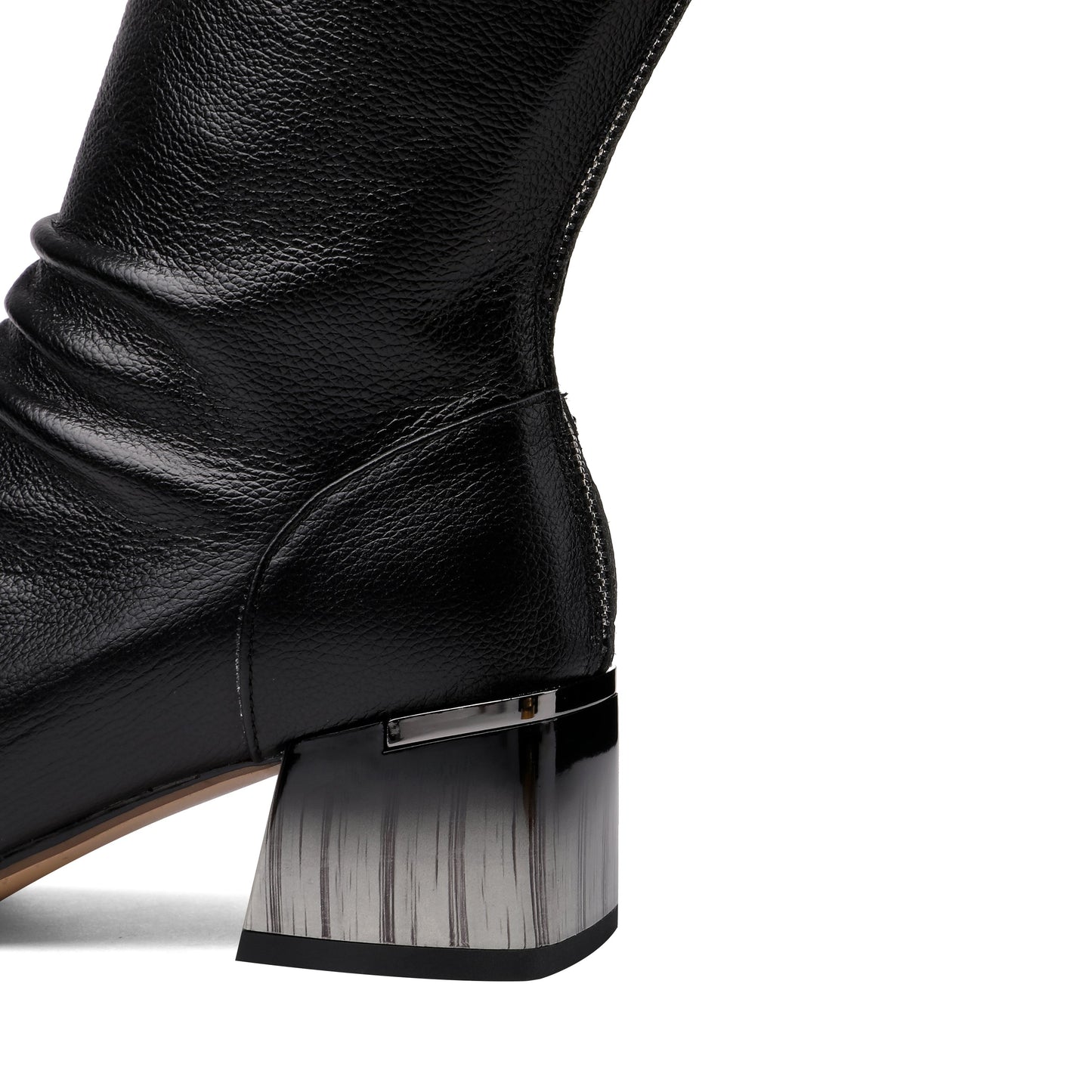 Nine Seven Women's Handmade Genuine Leather Pointed Toe Gradient Color Mid Block Heel Back Zip Up Trendy Ruffle Mid-Calf Boots