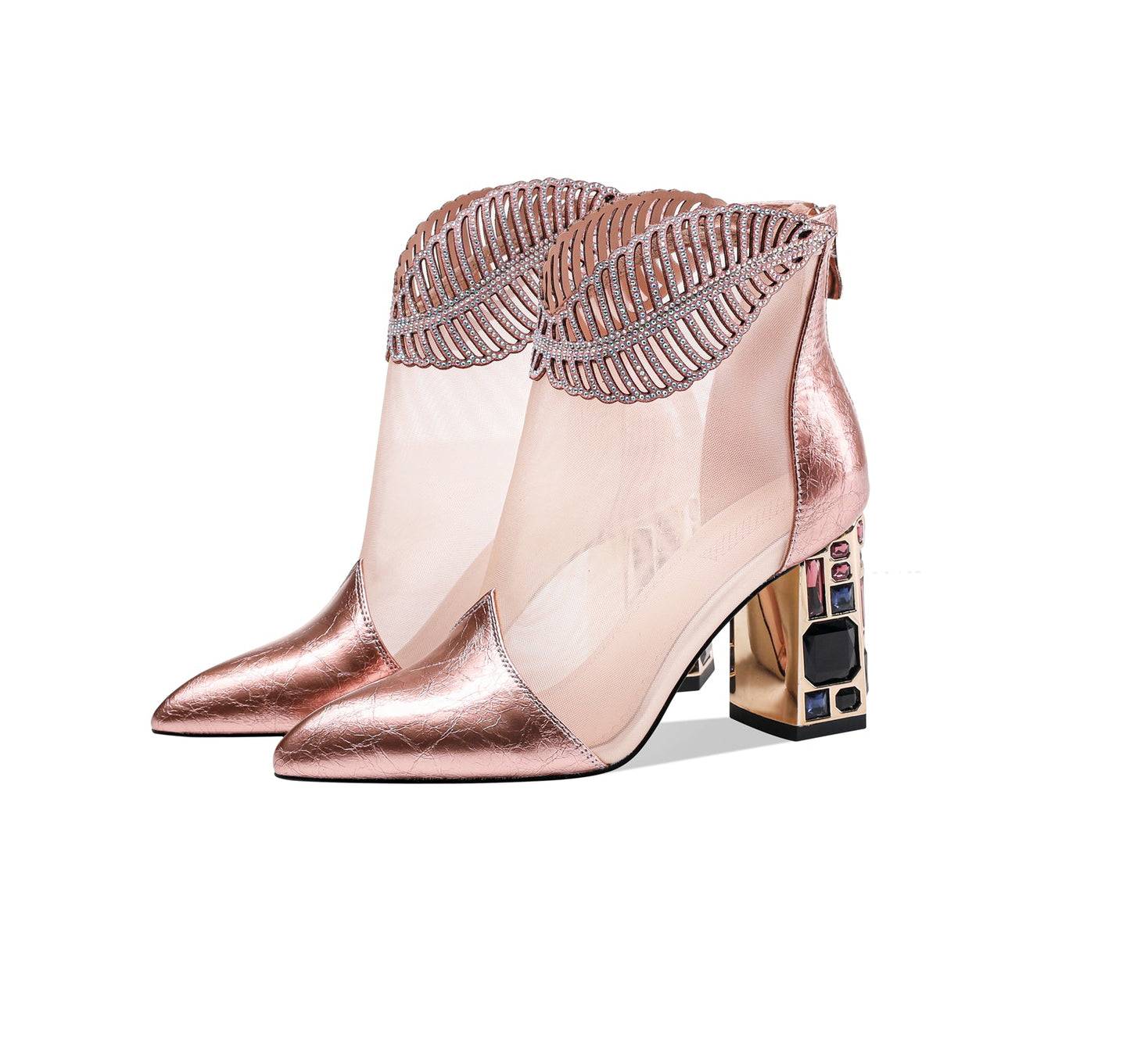 Nine Seven Women's Genuine/Suede Leather with Mesh Pointed Toe Handmade Jewel High Chunky Heel Chic Ankle Boots with Back Zipper