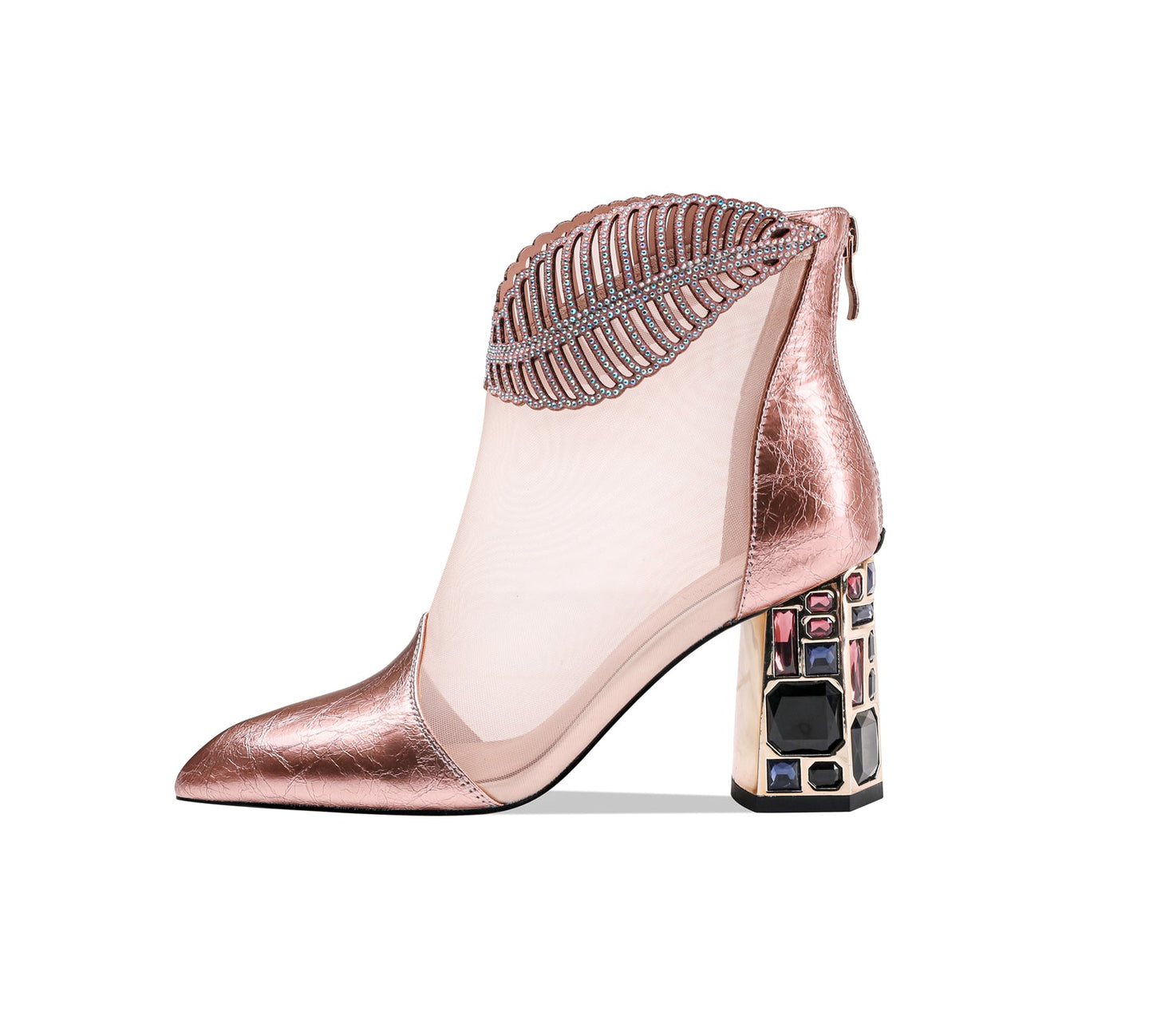 Nine Seven Women's Genuine/Suede Leather with Mesh Pointed Toe Handmade Jewel High Chunky Heel Chic Ankle Boots with Back Zipper