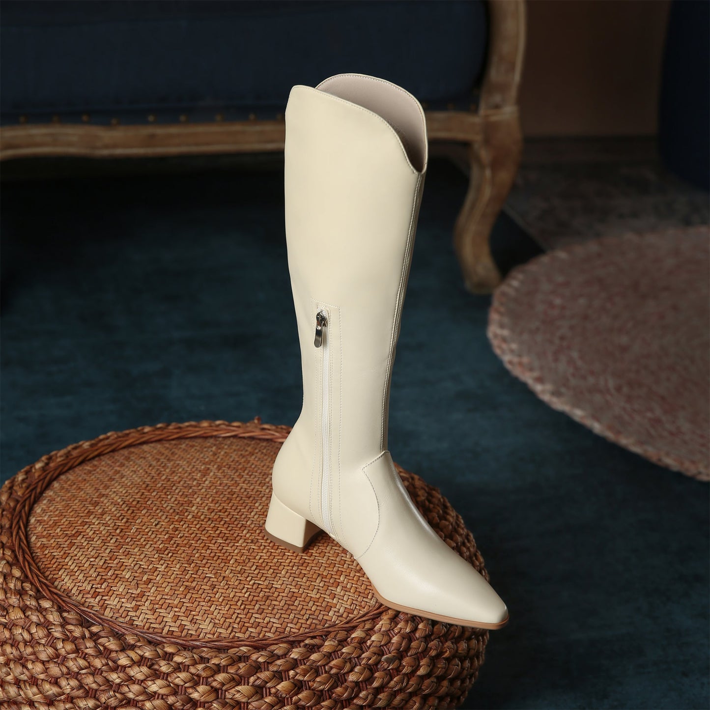 Nine Seven Women's Handmade Leather Comfortable Chunky Heel Side Half Zipper Round Toe Knee-High Boots