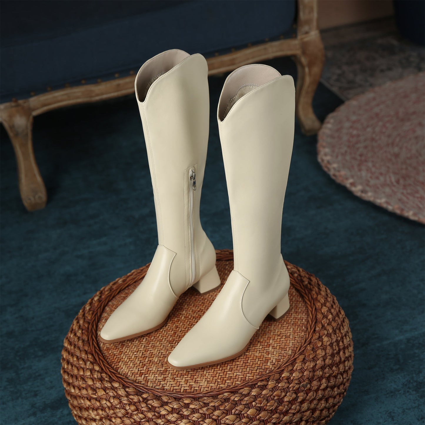 Nine Seven Women's Handmade Leather Comfortable Chunky Heel Side Half Zipper Round Toe Knee-High Boots