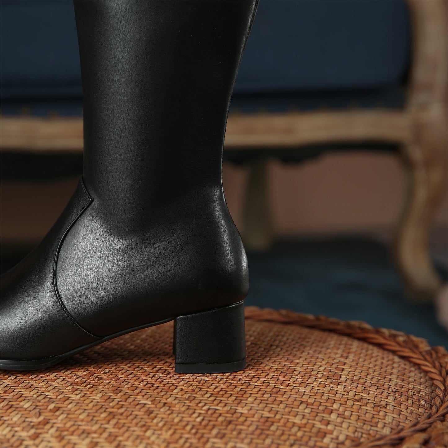 Nine Seven Women's Handmade Leather Comfortable Chunky Heel Side Half Zipper Round Toe Knee-High Boots