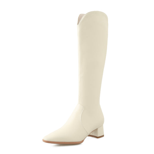 Nine Seven Women's Handmade Leather Comfortable Chunky Heel Side Half Zipper Round Toe Knee-High Boots