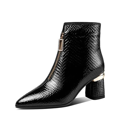 Nine Seven Patent Leather Women's Handmade Pointed Toe Chunky Heel Plus-Size Modern Front Zip Ankle Booties