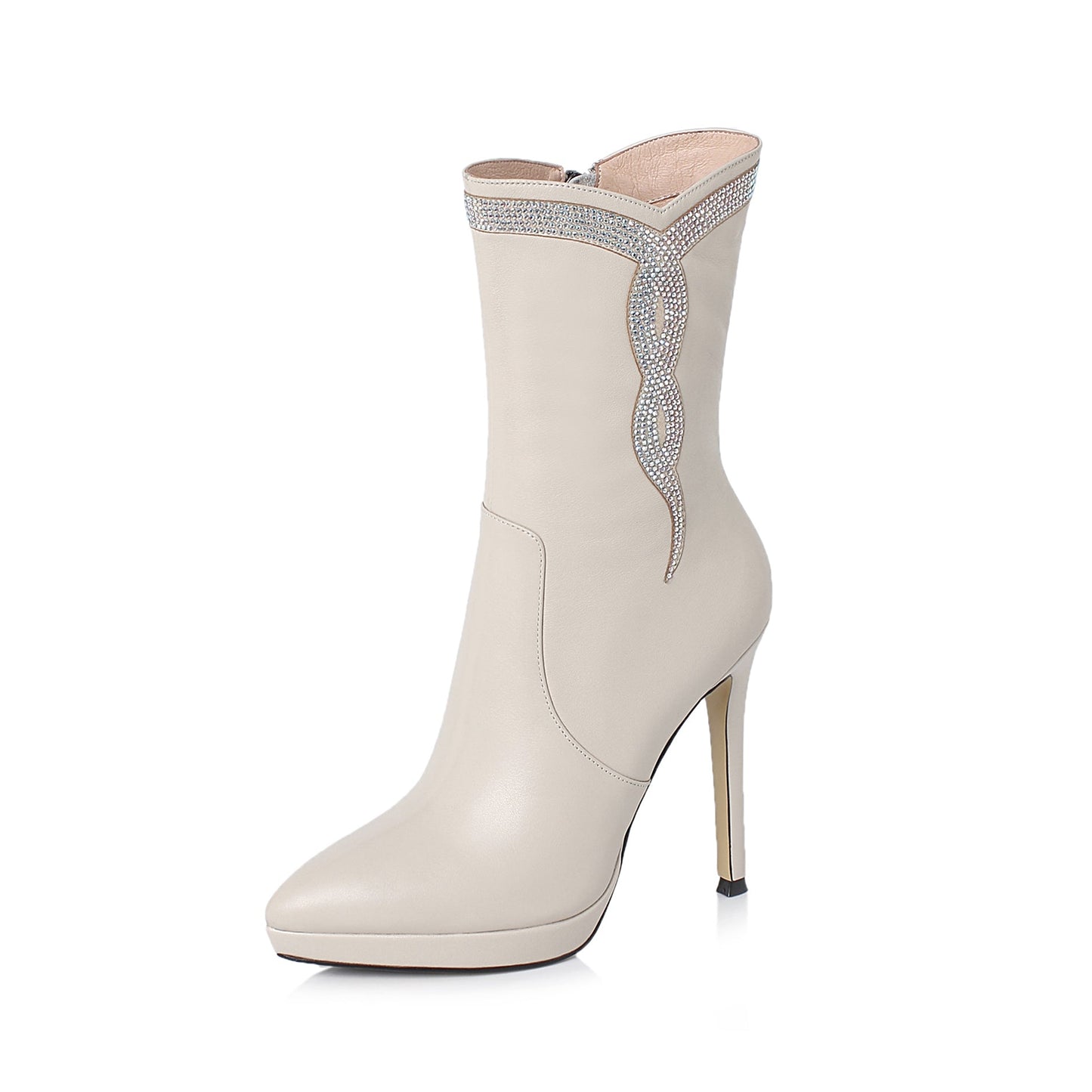 Nine Seven Women's Handmade Leather Glitter Pattern Decor Pointed Toe Spikes-Stiletto High Heel Platform Side Zip Up Sexy Mid-Calf Boots