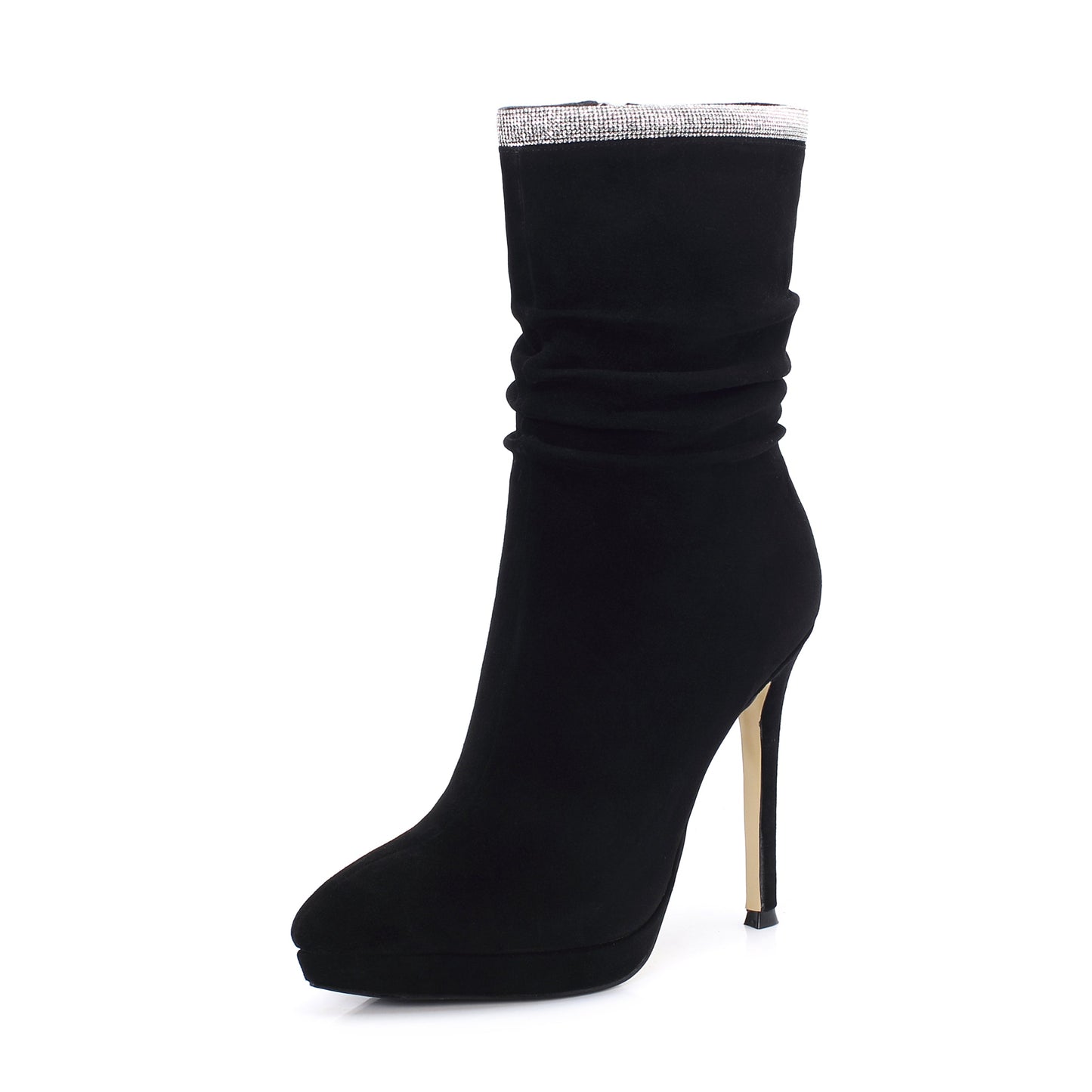 Nine Seven Women's Handmade Leather Spikes-Stiletto High Heel Platform Pointed Toe Side Zip Up Glitter Mid-Calf Boots